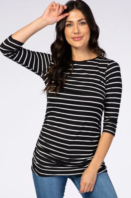 Black Striped 3/4 Sleeve Ruched Nursing Top sold by Pinkblush