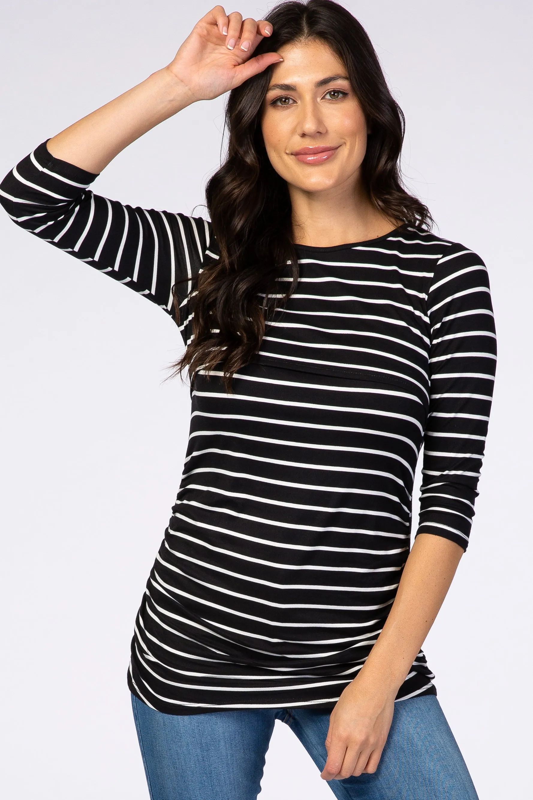 Black Striped 3/4 Sleeve Ruched Nursing Top sold by Pinkblush
