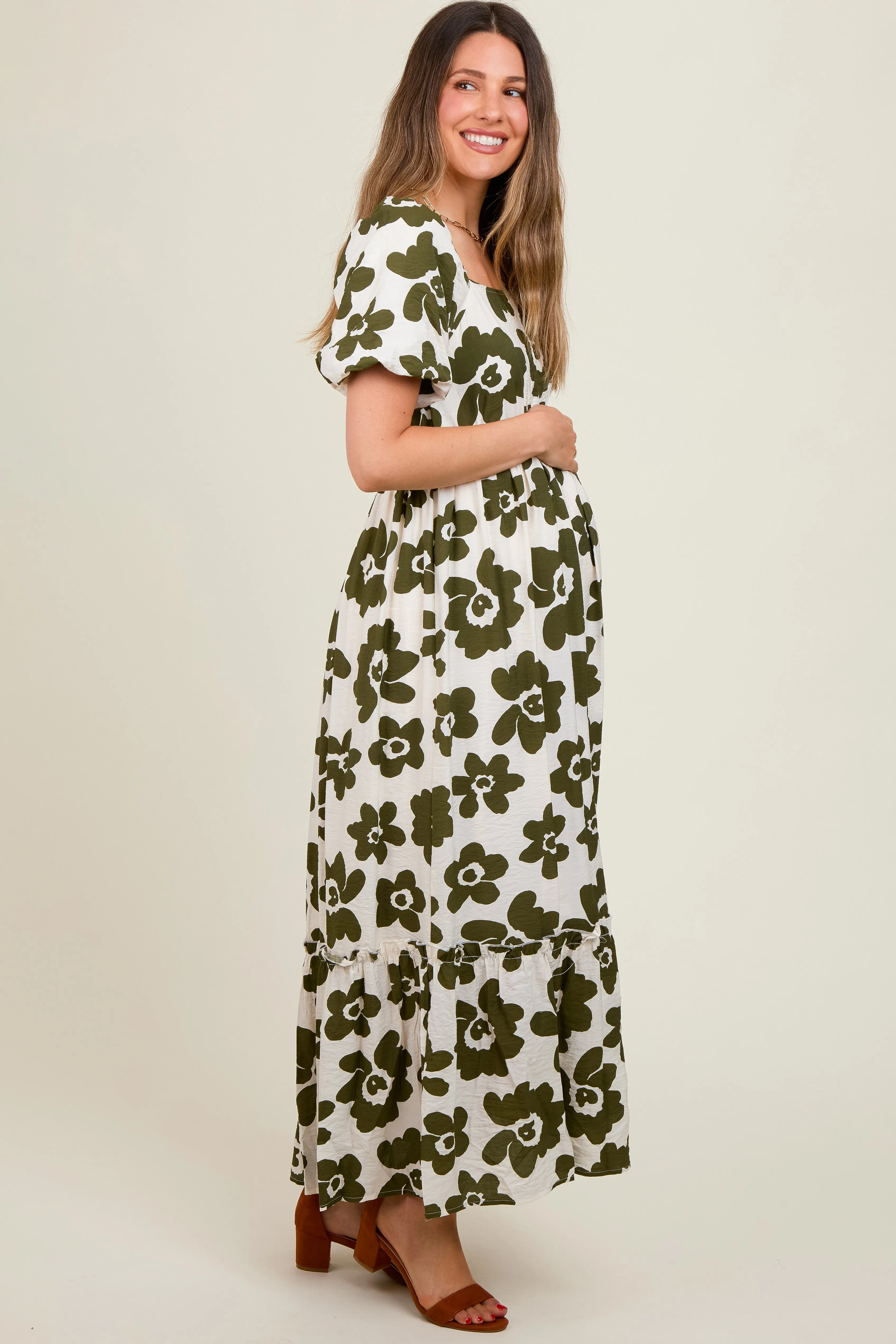 Olive Floral Puff Sleeve Maternity Maxi Dress sold by Pinkblush product image thumbnail 4