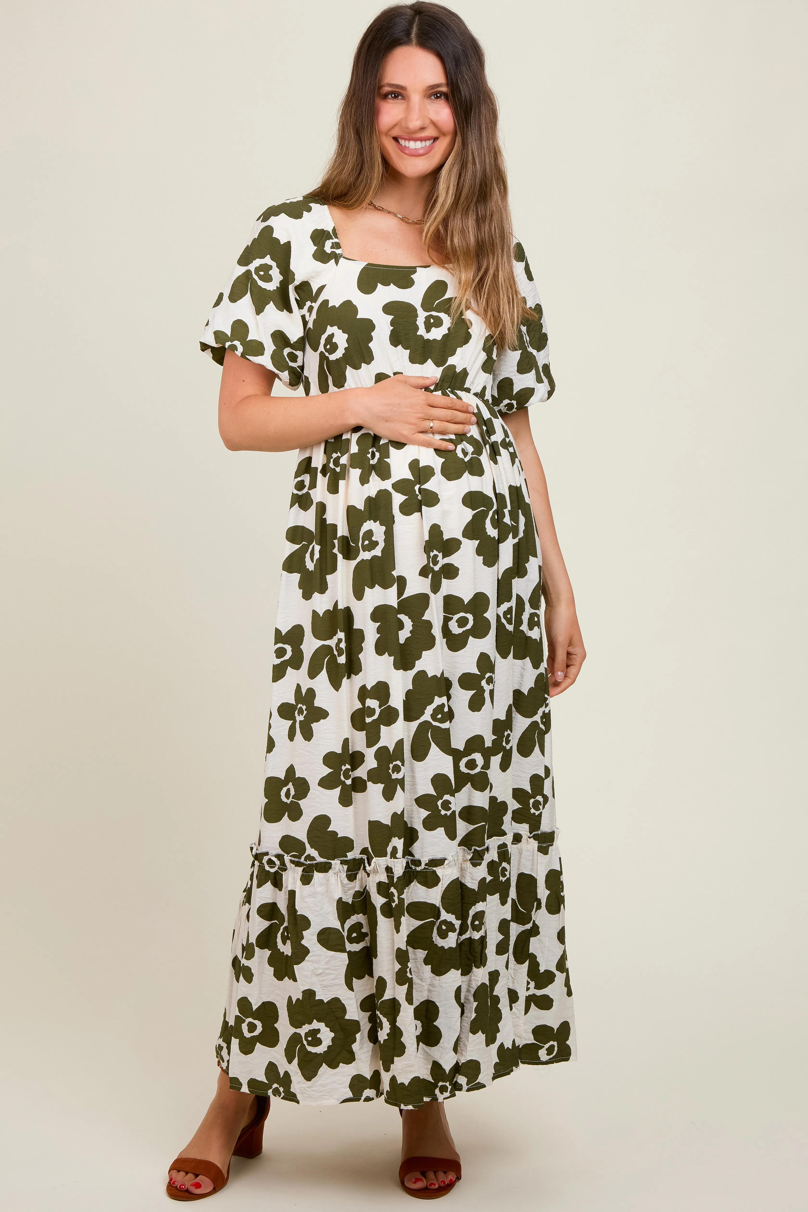 Olive Floral Puff Sleeve Maternity Maxi Dress sold by Pinkblush