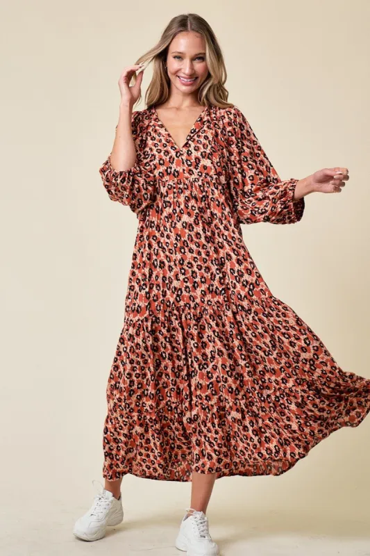 Rust Printed Long Sleeve Tiered Dress sold by Pinkblush