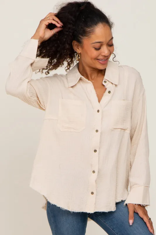 Cream Button Down Collared Frayed Top sold by Pinkblush