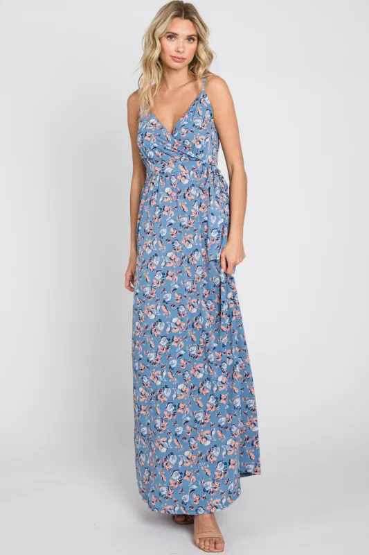 Blue Floral Wrap Top Sleeveless Maxi Dress sold by Pinkblush