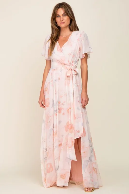 Peach Floral Chiffon V-Neck Front Slit Short Sleeve Dress sold by Pinkblush