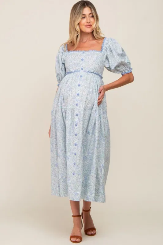 Light Blue Floral Front Button Scallop Accent Maternity Midi Dress sold by Pinkblush