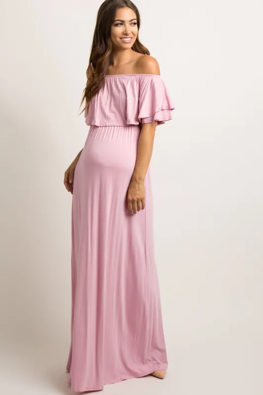 Light Pink Off Shoulder Ruffle Trim Maternity Maxi Dress sold by Pinkblush