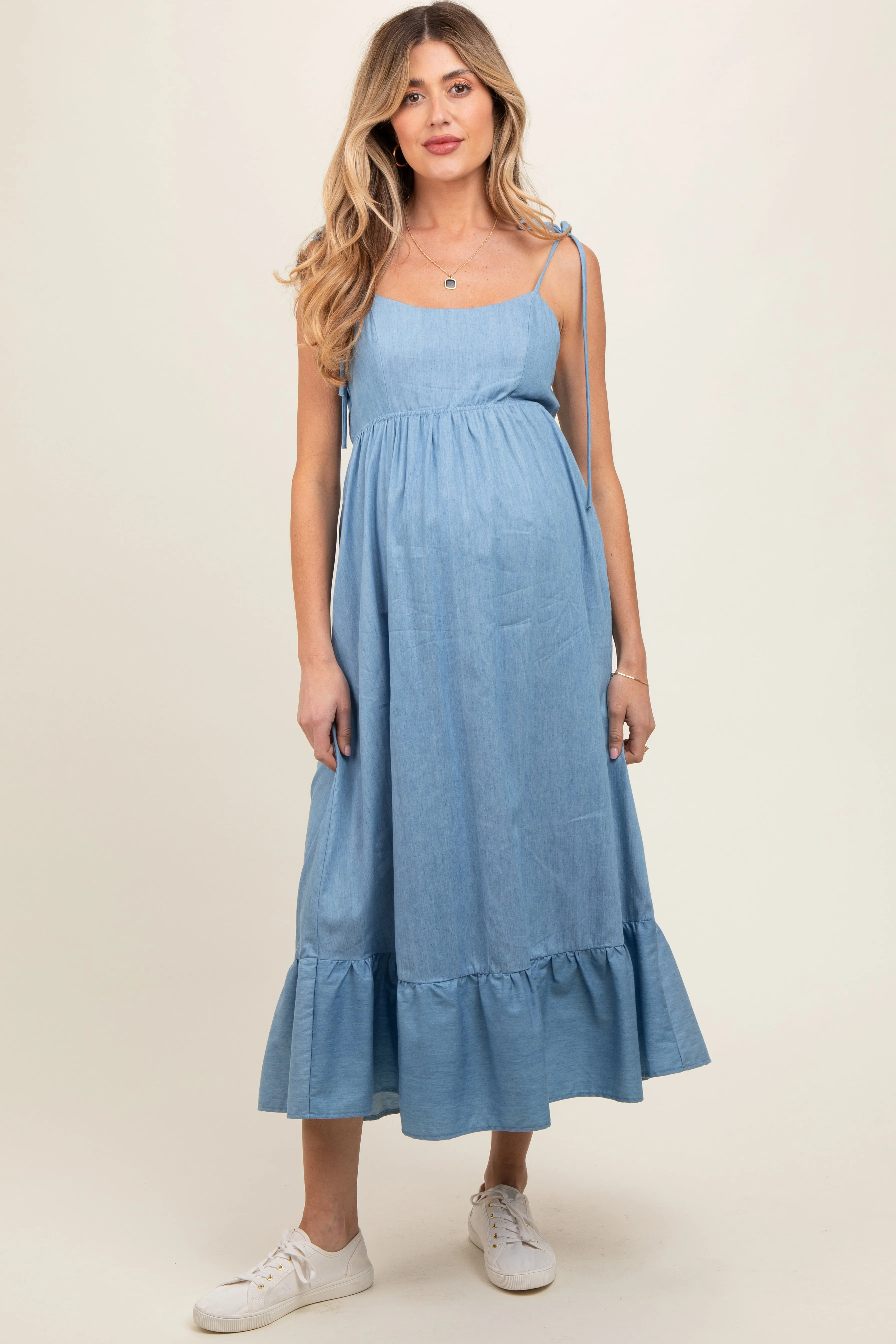 Blue Chambray Sleeveless Ruffle Hem Maternity Midi Dress sold by Pinkblush product image thumbnail 2