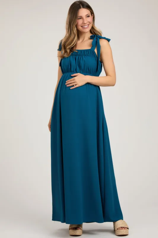 Teal Square Neck Shoulder Tie Maternity Maxi Dress sold by Pinkblush