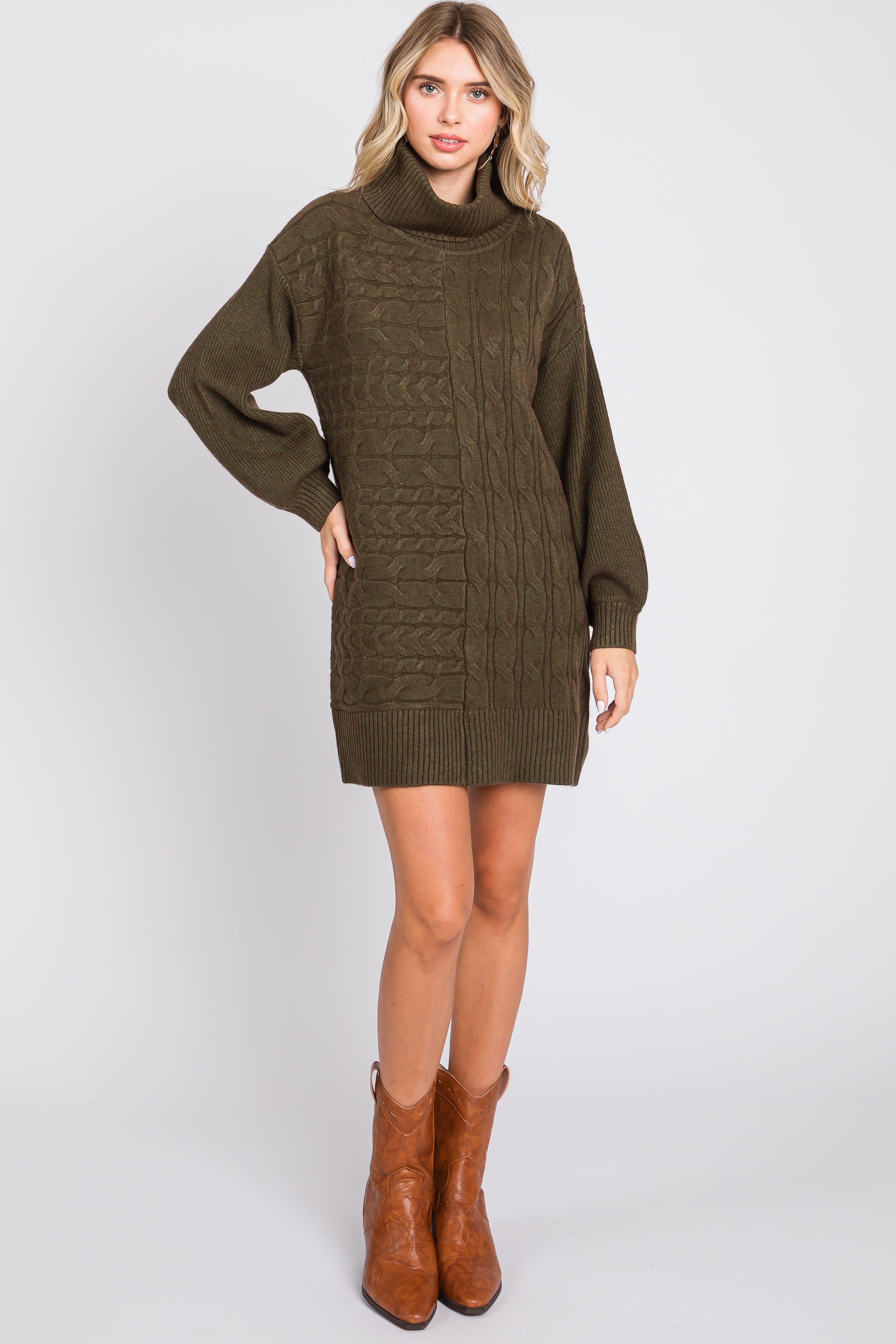 Olive Cable Knit Mini Sweater Dress sold by Pinkblush product image thumbnail 4