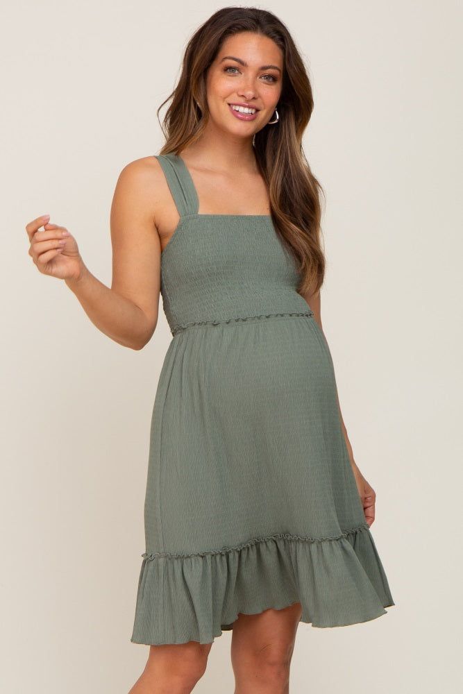 Olive Smocked Sleeveless Crepe Maternity Dress sold by Pinkblush