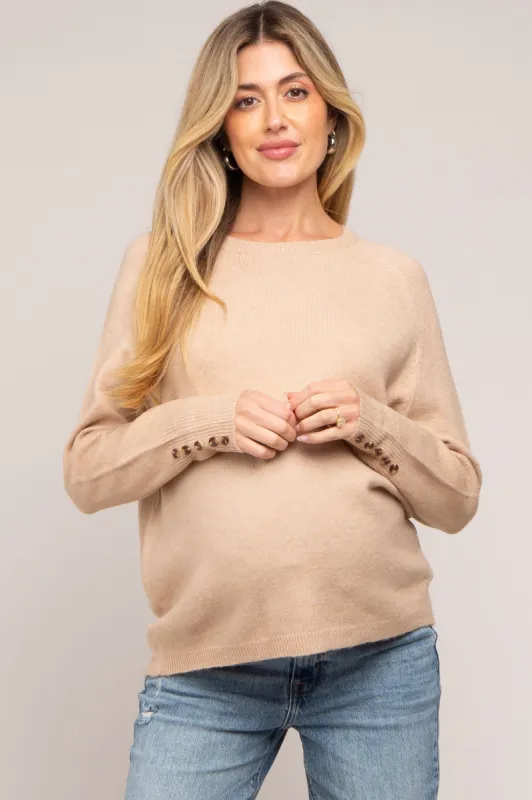 Beige Button Accent Solid Maternity Sweater sold by Pinkblush