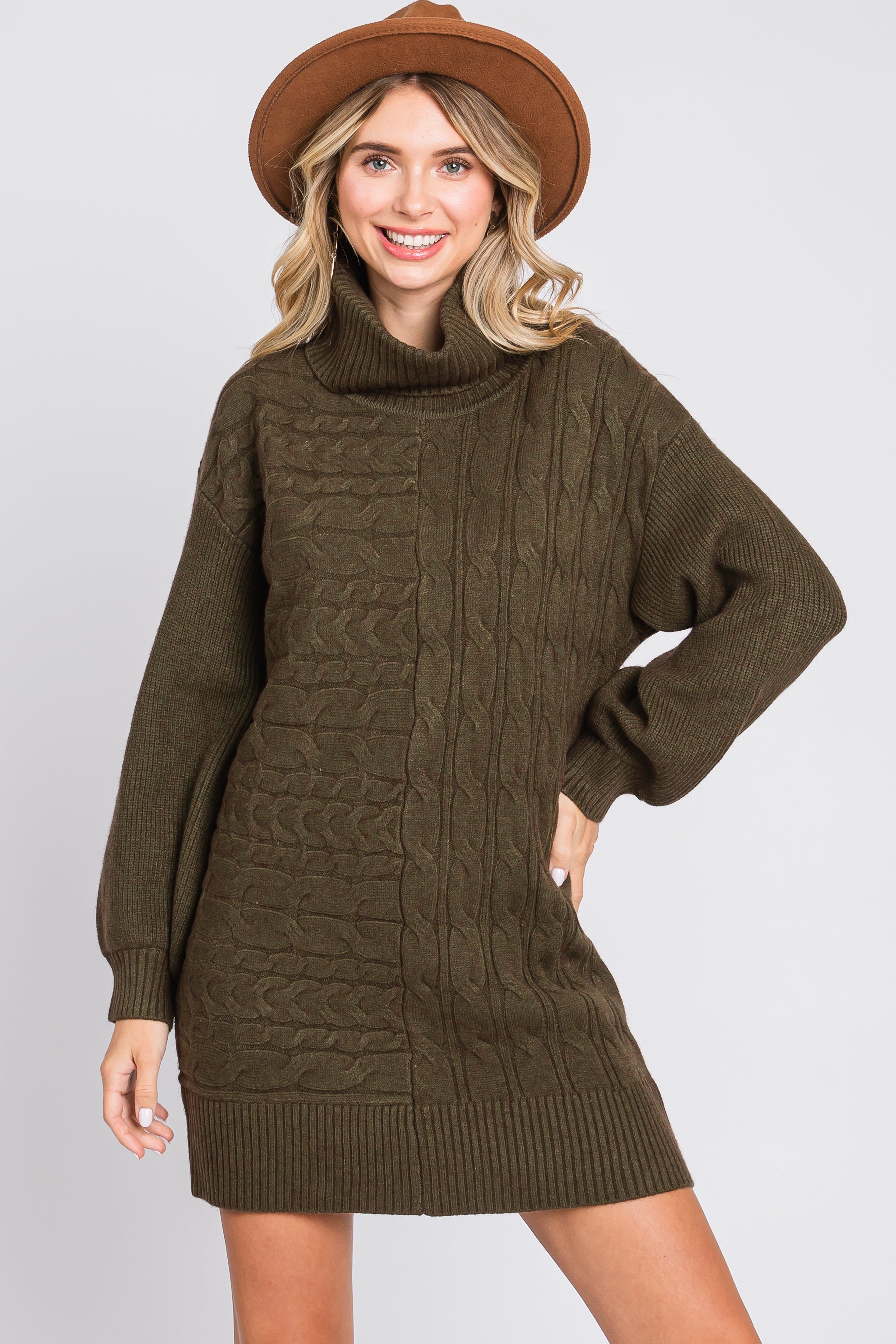 Olive Cable Knit Mini Sweater Dress sold by Pinkblush product image thumbnail 5