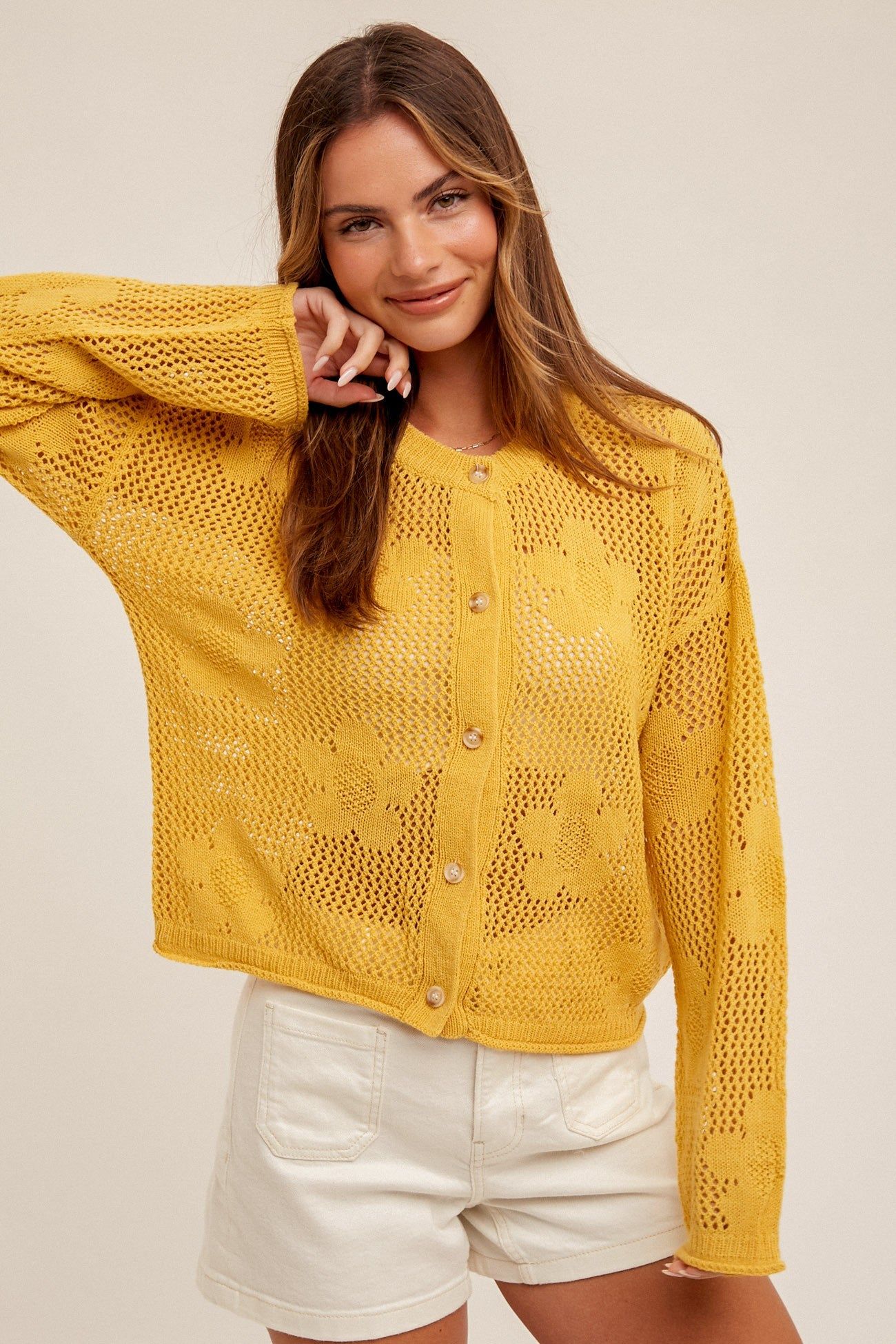 Yellow Floral Open-Stitch Sweater Cardigan sold by Pinkblush