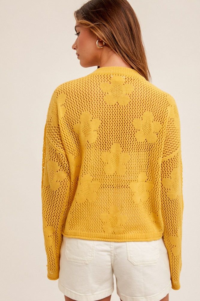 Yellow Floral Open-Stitch Sweater Cardigan sold by Pinkblush product image thumbnail 3