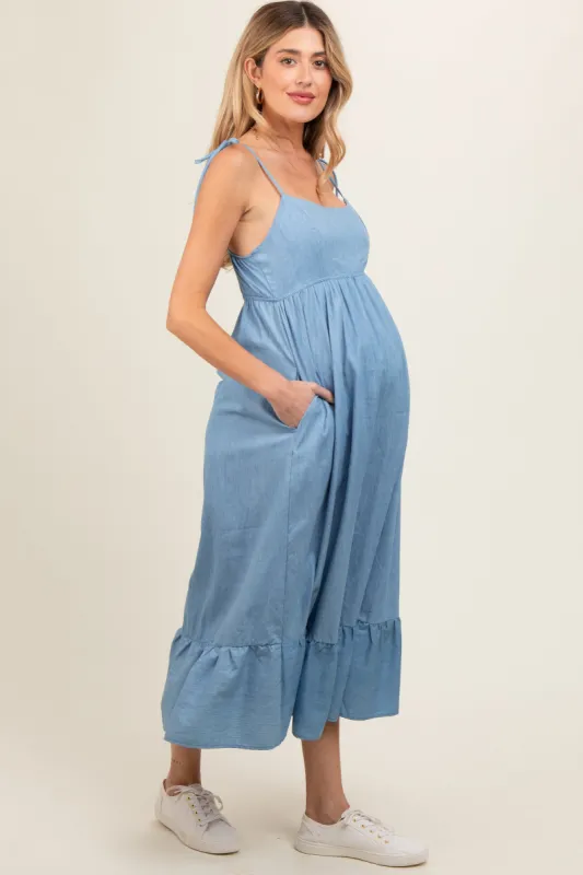 Blue Chambray Sleeveless Ruffle Hem Maternity Midi Dress sold by Pinkblush