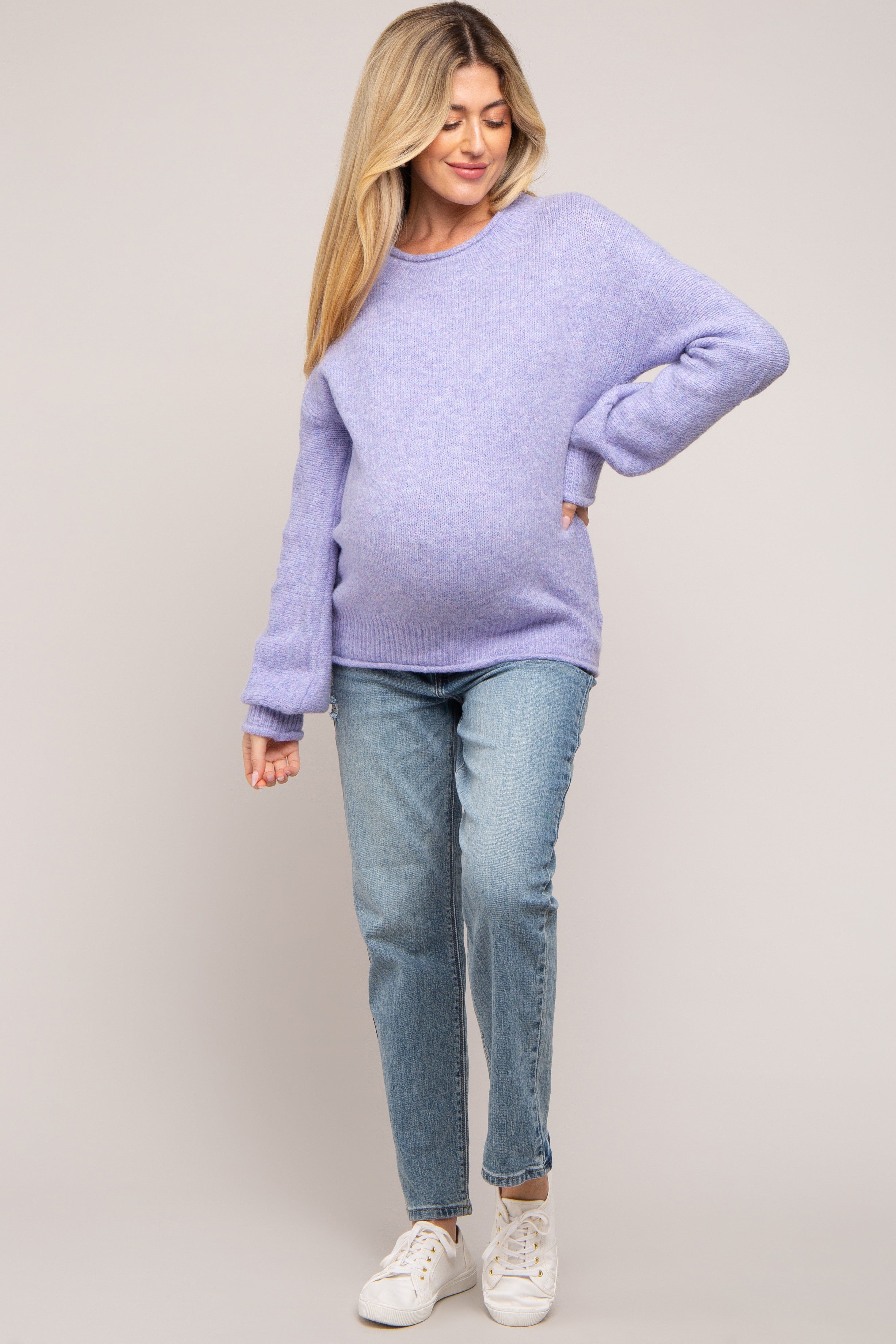 Lavender Soft Knit Rolled Hem Maternity Sweater sold by Pinkblush