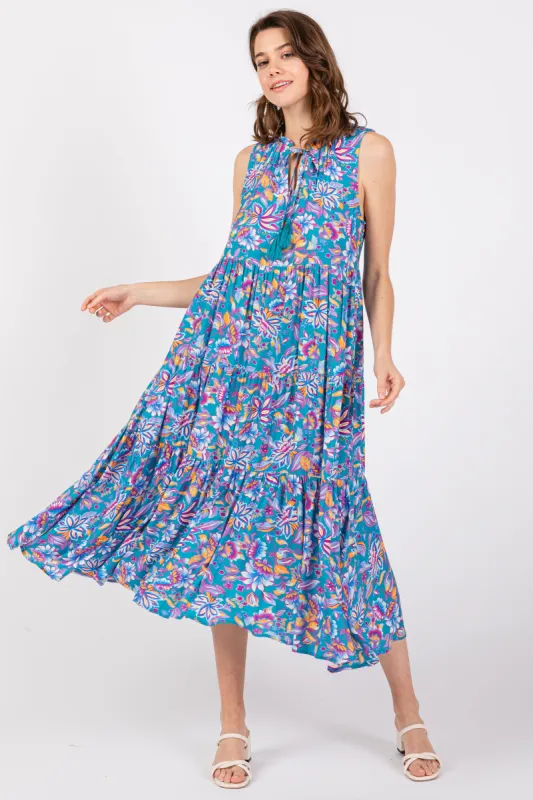 Teal Floral Ruffle Mock Neck Tiered Sleeveless Midi Dress sold by Pinkblush