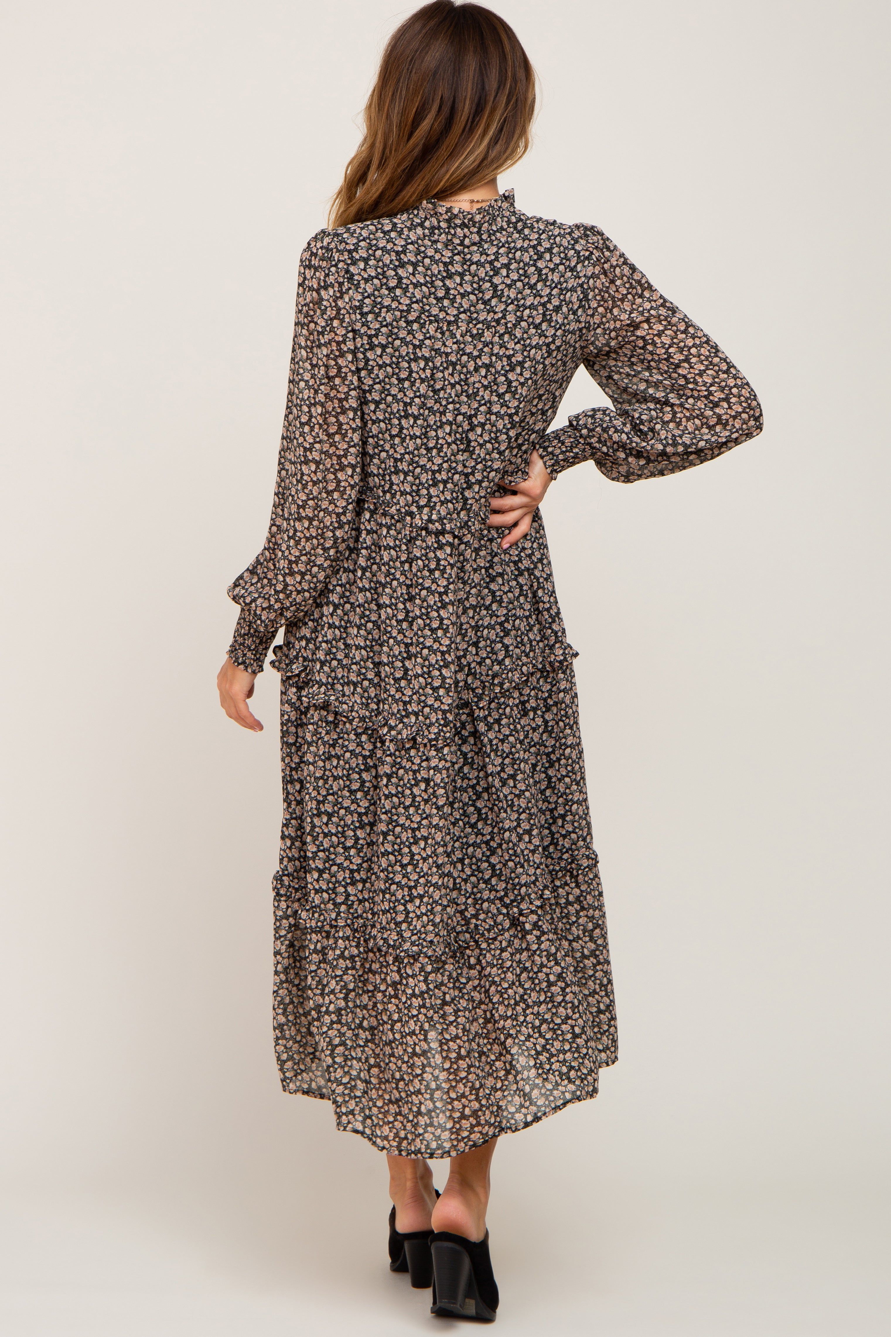 Black Floral Ruffle Tiered Midi Dress sold by Pinkblush product image thumbnail 3