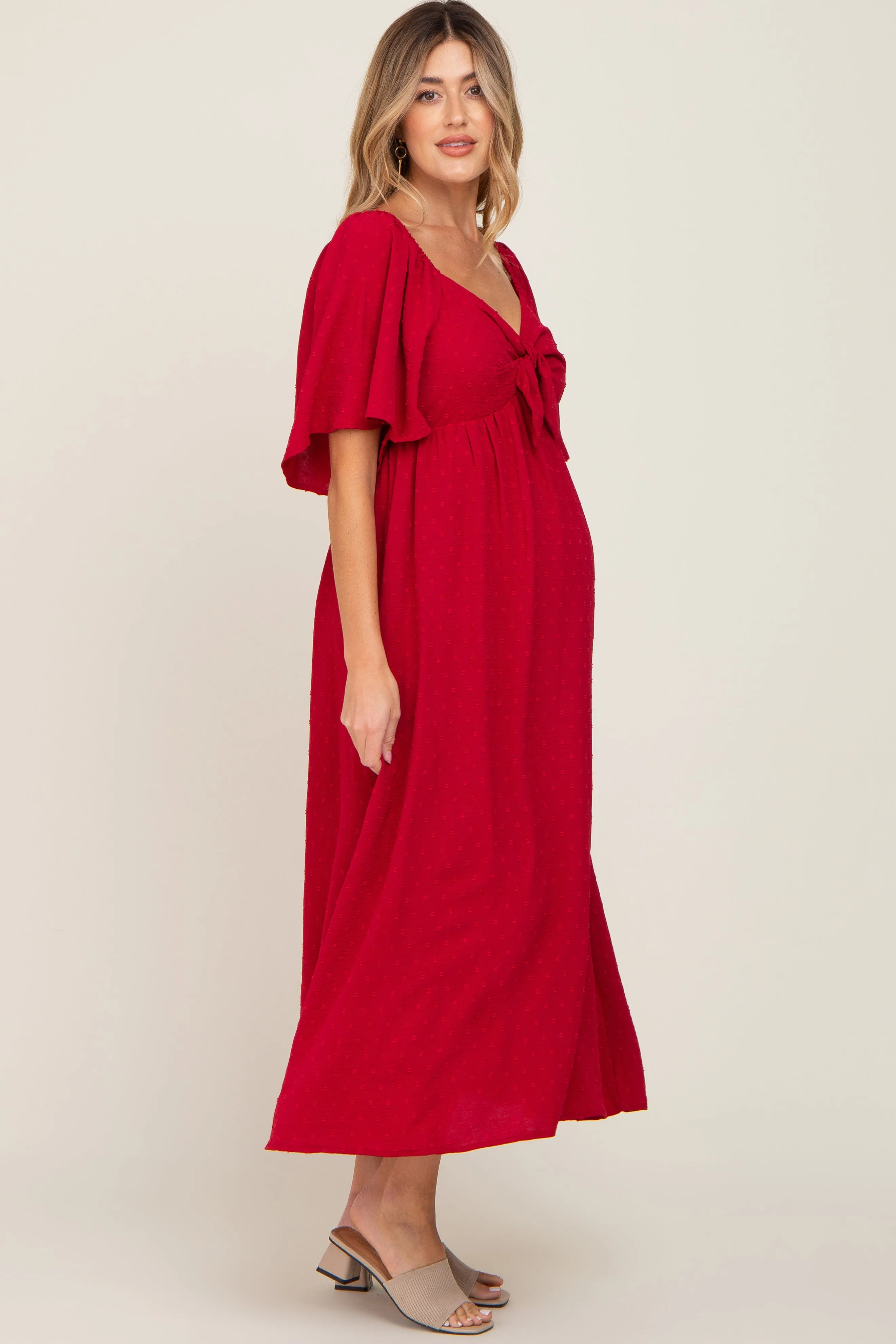 Burgundy Textured Dot Front Tie Ruffle Sleeve Maternity Midi Dress sold by Pinkblush product image thumbnail 2