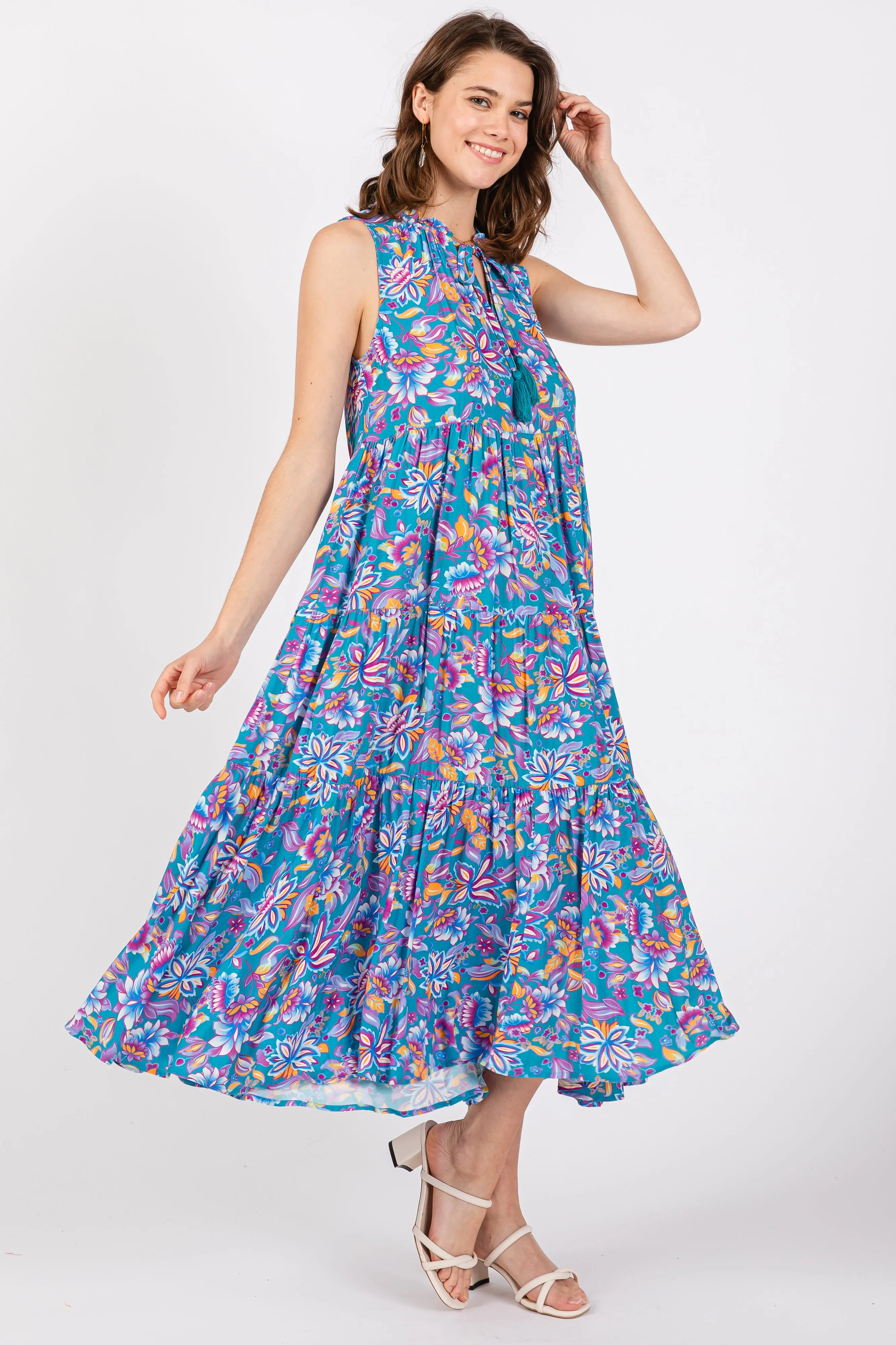Teal Floral Ruffle Mock Neck Tiered Sleeveless Midi Dress sold by Pinkblush product image thumbnail 2