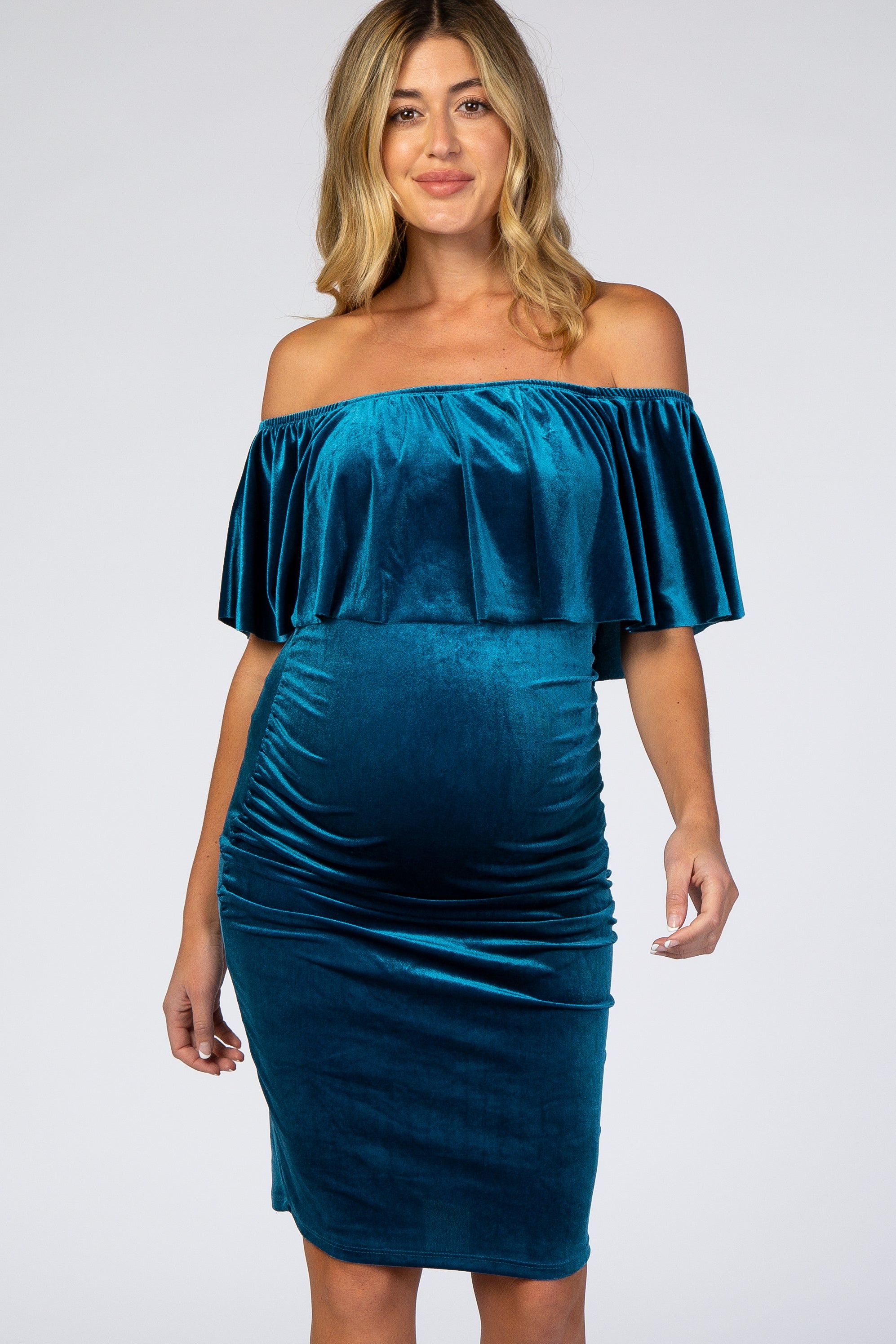Teal Velvet Off Shoulder Fitted Maternity Dress sold by Pinkblush product image thumbnail 2