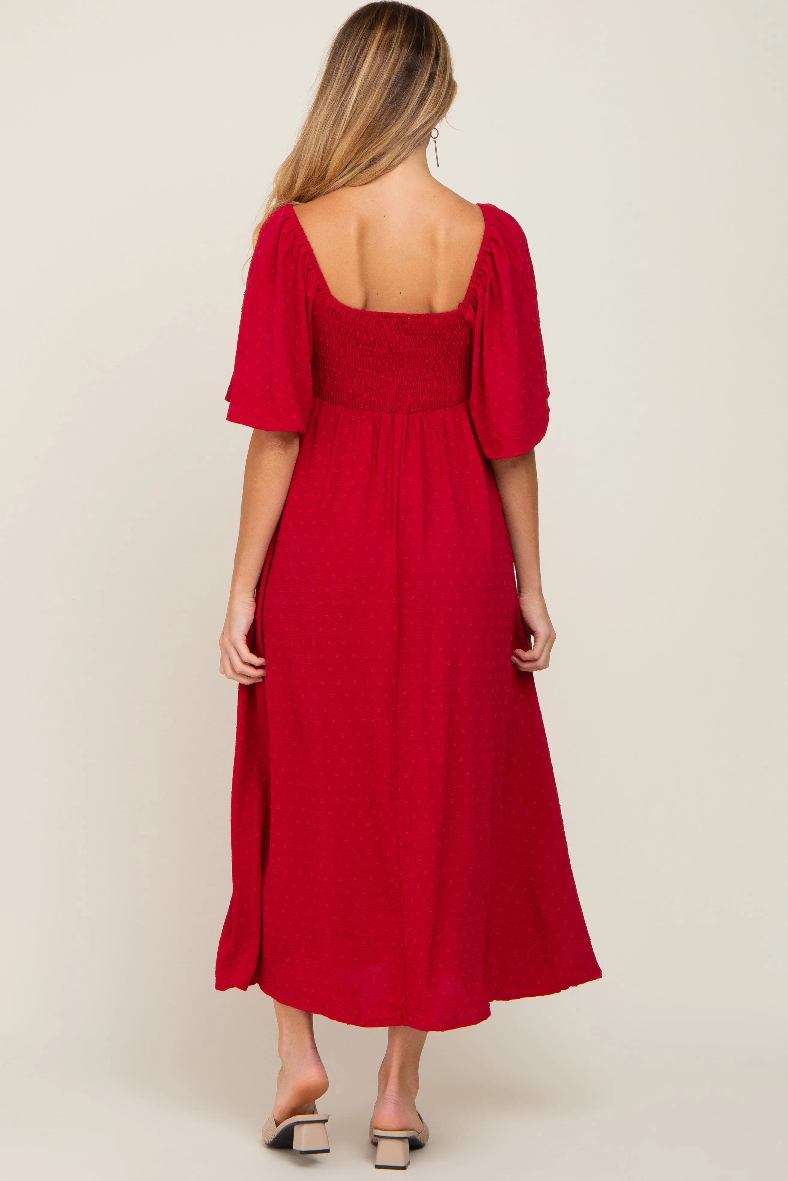 Burgundy Textured Dot Front Tie Ruffle Sleeve Maternity Midi Dress sold by Pinkblush product image thumbnail 3