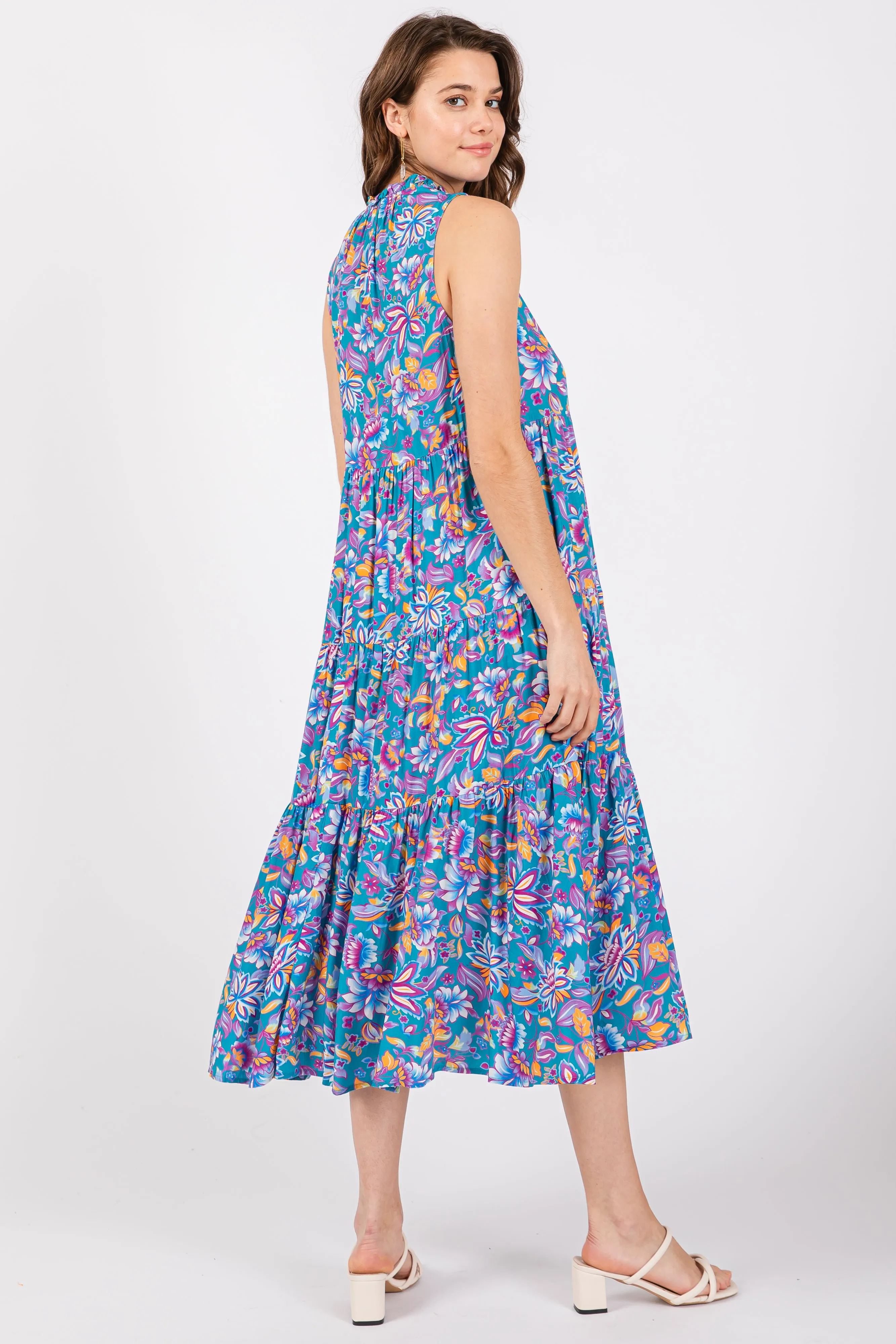 Teal Floral Ruffle Mock Neck Tiered Sleeveless Midi Dress sold by Pinkblush product image thumbnail 3