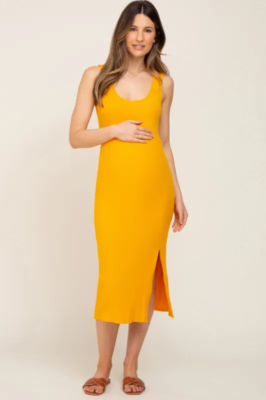 Yellow Ribbed Back Cutout Maternity Midi Dress sold by Pinkblush