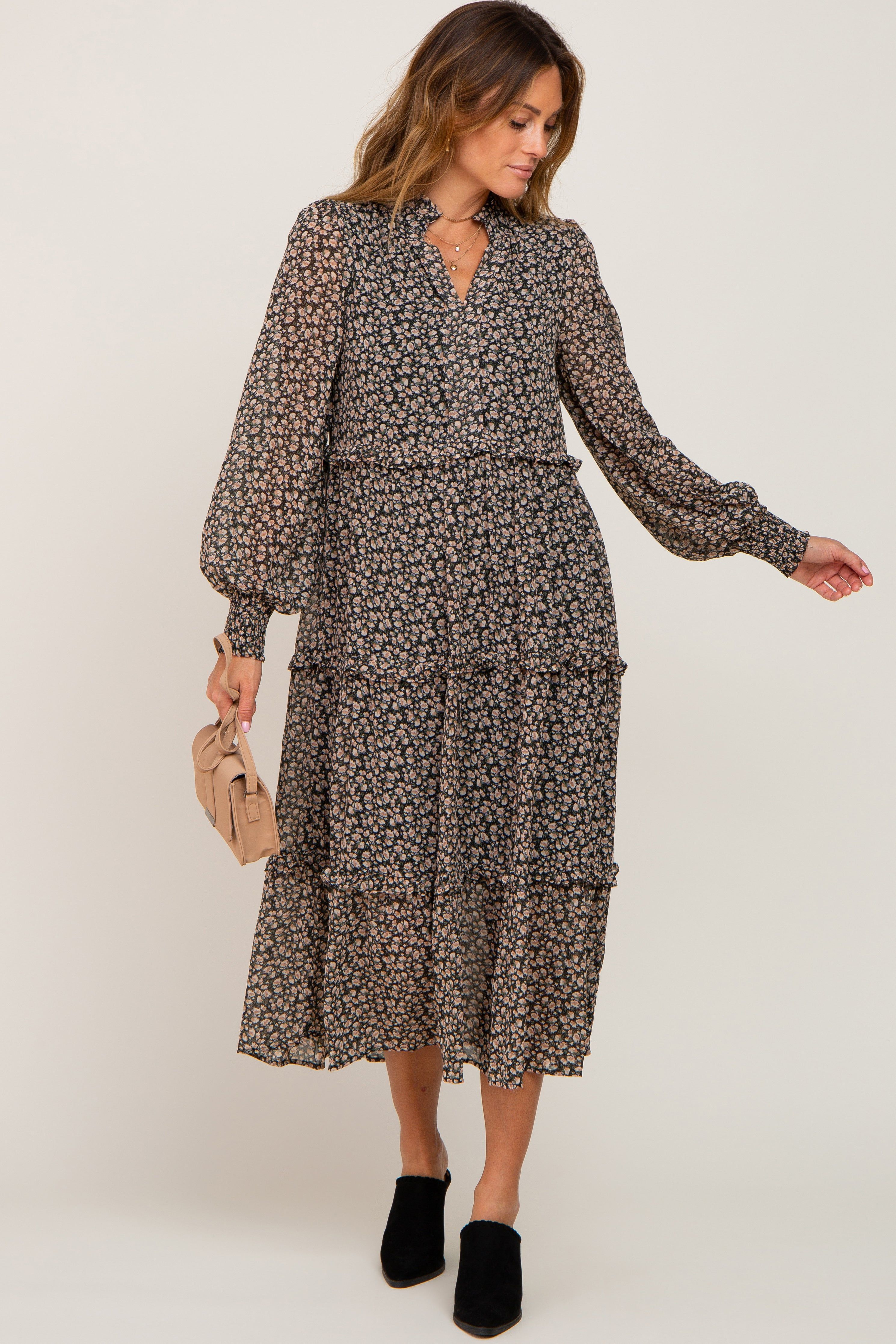 Black Floral Ruffle Tiered Midi Dress sold by Pinkblush product image thumbnail 5