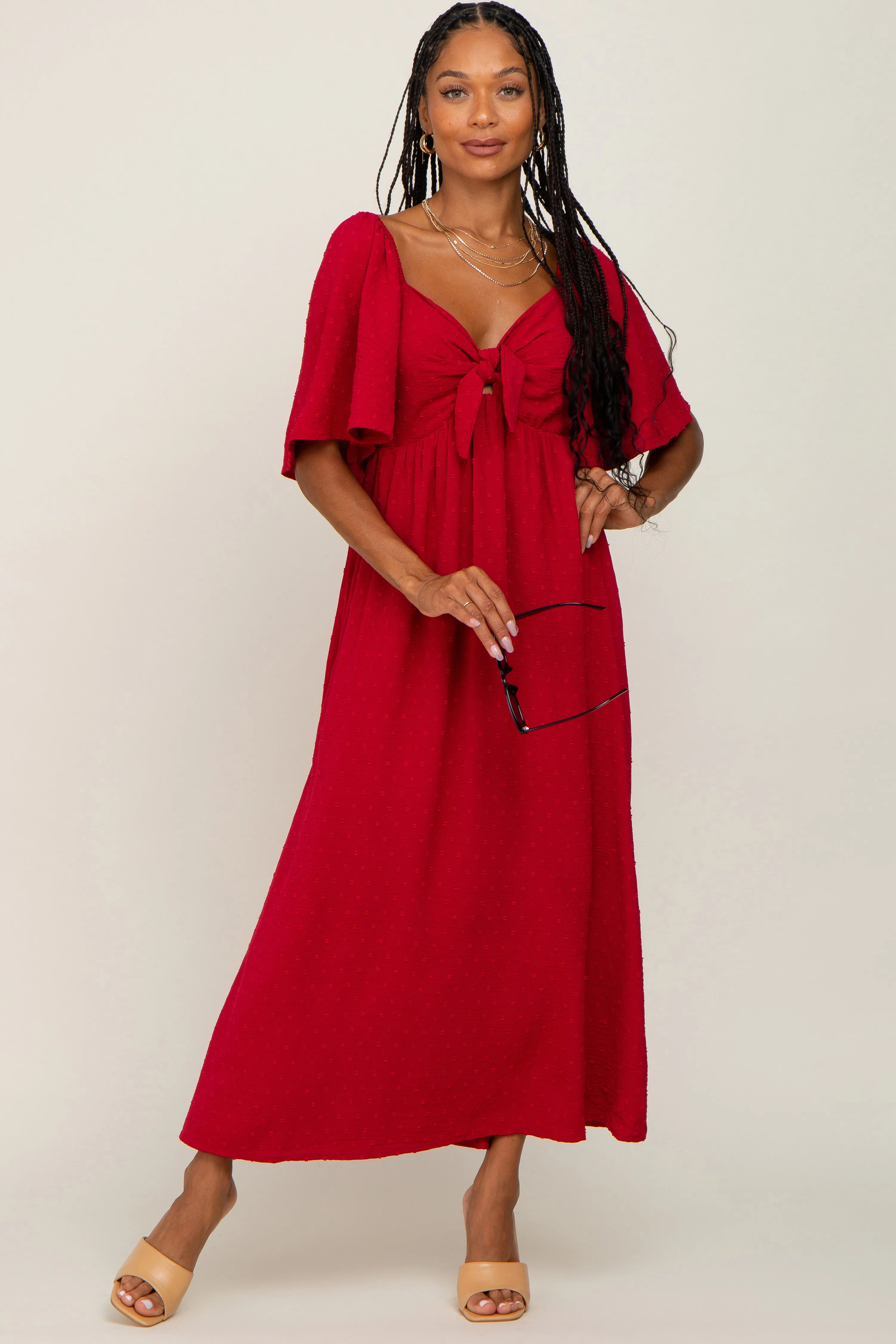 Burgundy Textured Dot Front Tie Ruffle Sleeve Maternity Midi Dress sold by Pinkblush product image thumbnail 4