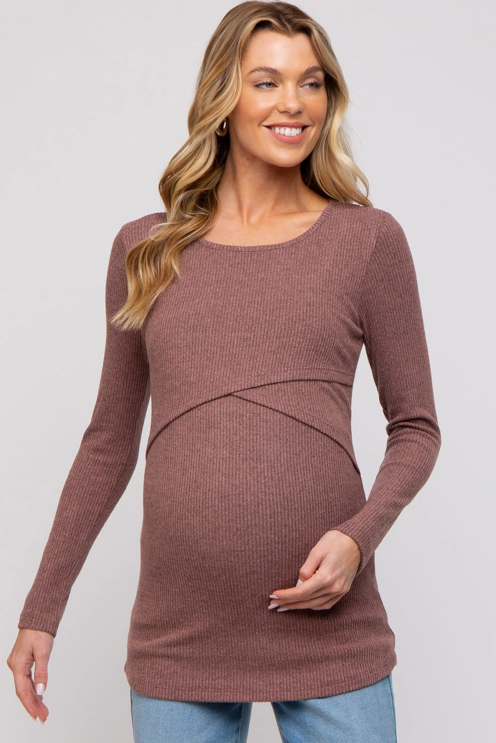 Mauve Ribbed Crossover Maternity/Nursing Top sold by Pinkblush