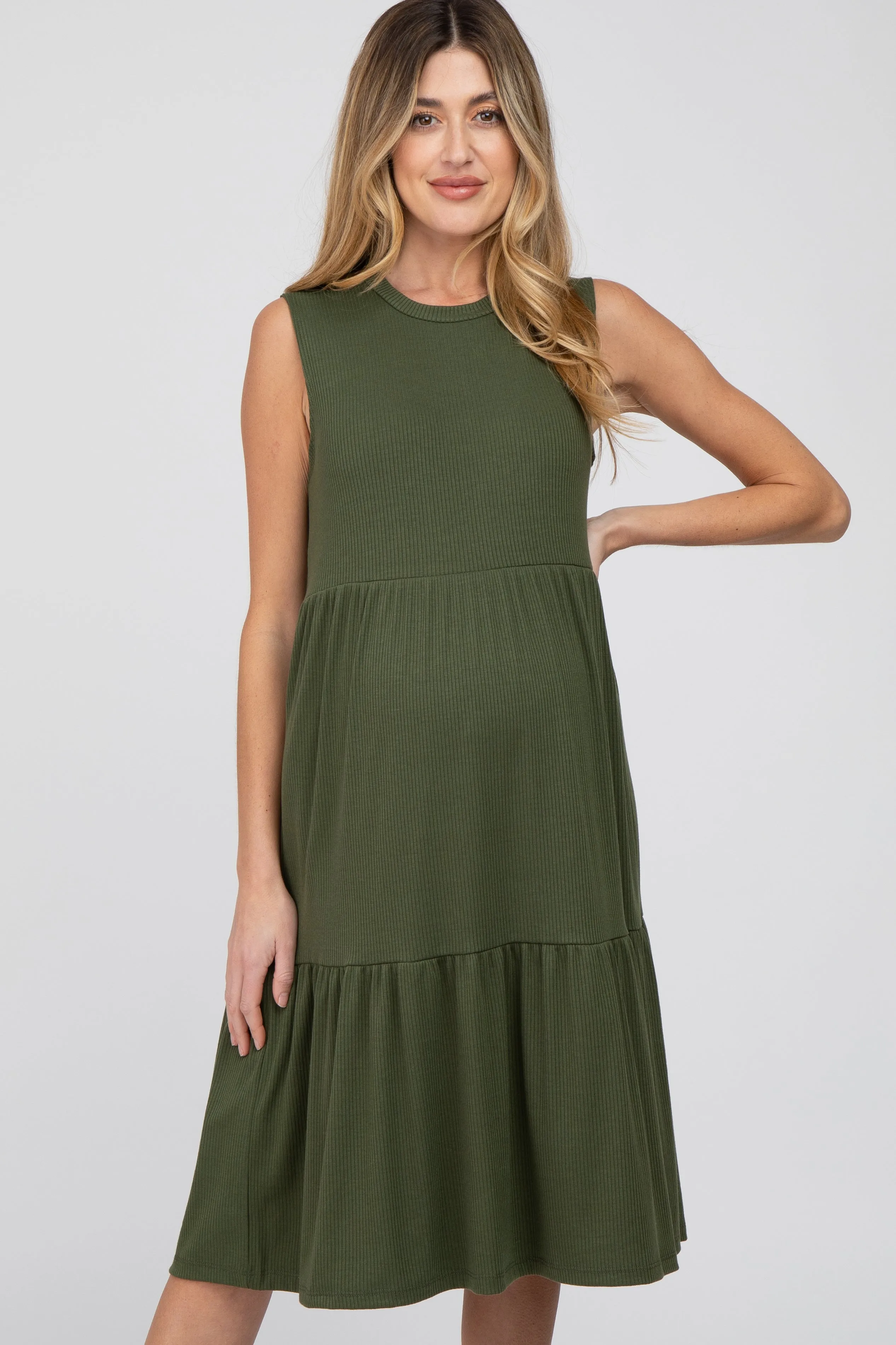 Olive Ribbed Tiered Maternity Midi Dress sold by Pinkblush product image thumbnail 2
