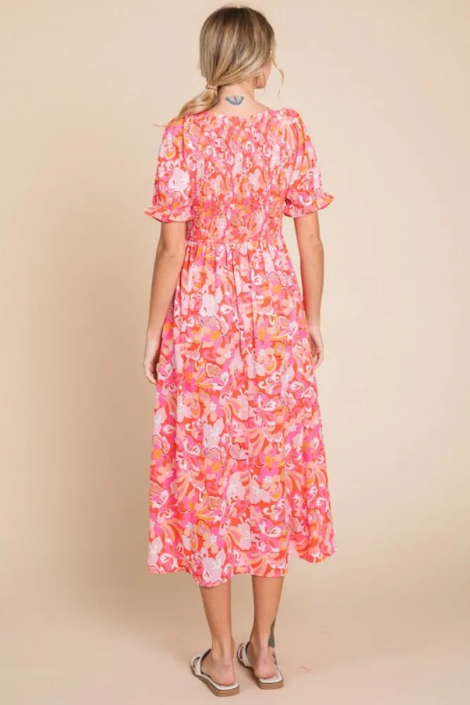 Fuchsia Floral Smocked Ruffle Short Sleeve Midi Dress sold by Pinkblush product image thumbnail 3