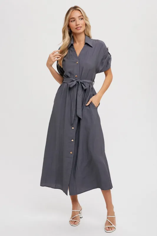 Charcoal Button Front Belted Short Sleeve Midi Dress sold by Pinkblush