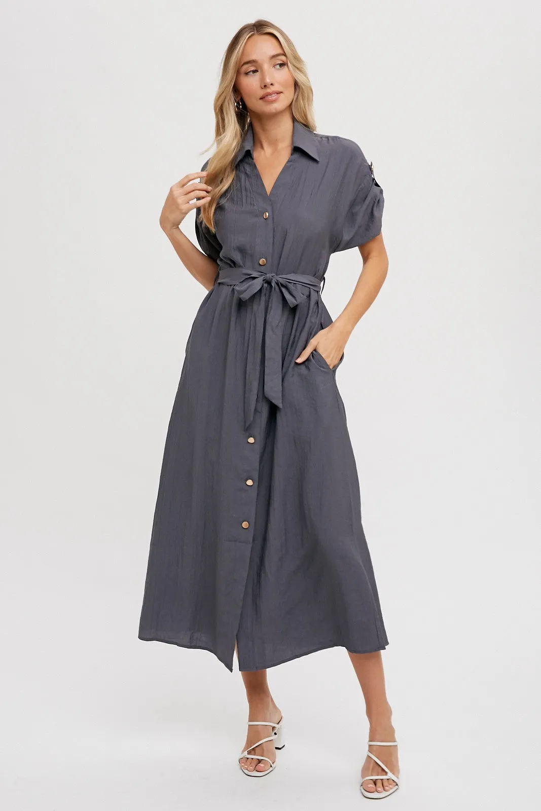 Charcoal Button Front Belted Short Sleeve Midi Dress sold by Pinkblush
