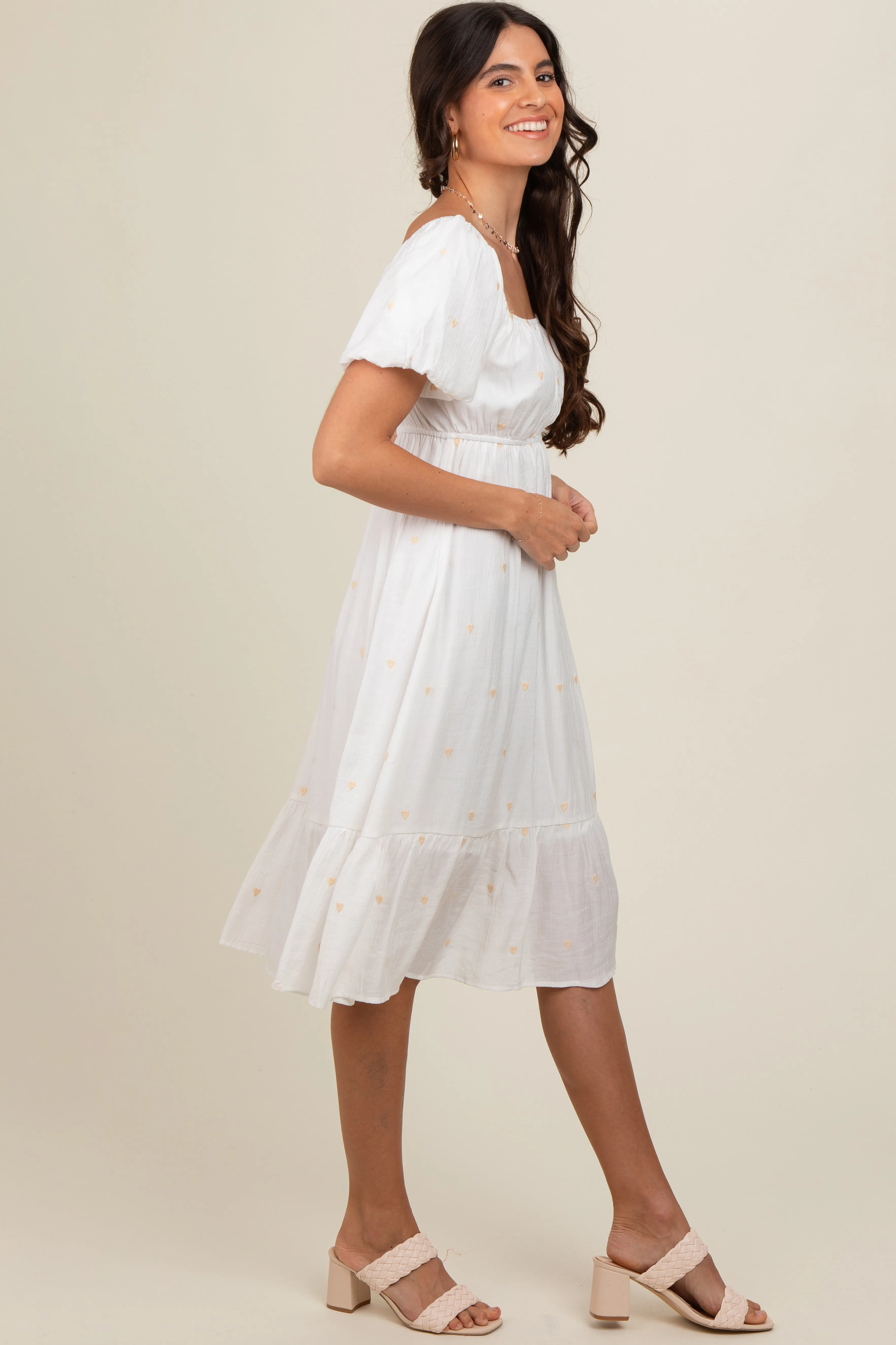 White Heart Embroidered Short Puff Sleeve Midi Dress sold by Pinkblush product image thumbnail 3