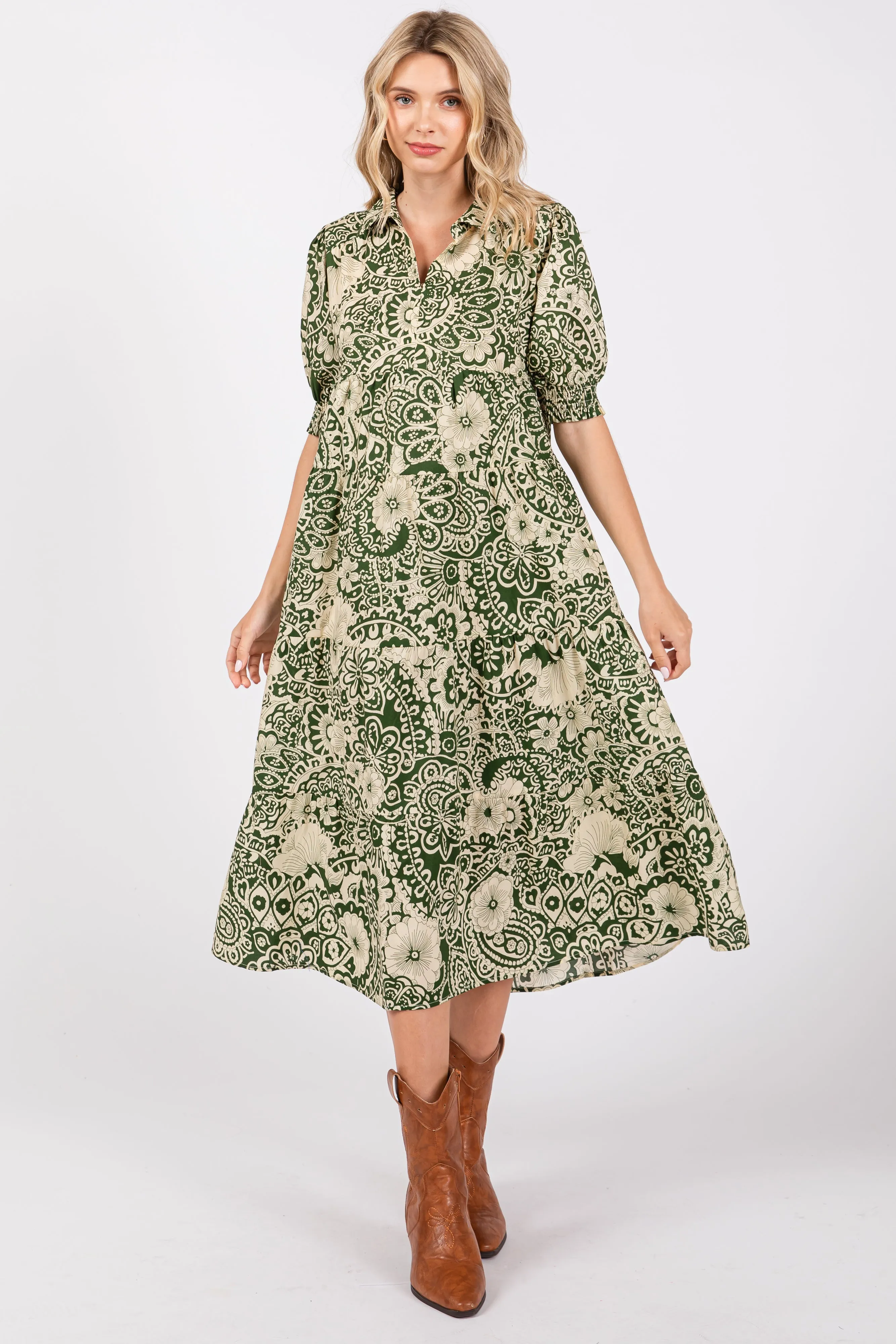 Olive Floral Collared Tiered Midi Dress sold by Pinkblush product image thumbnail 2