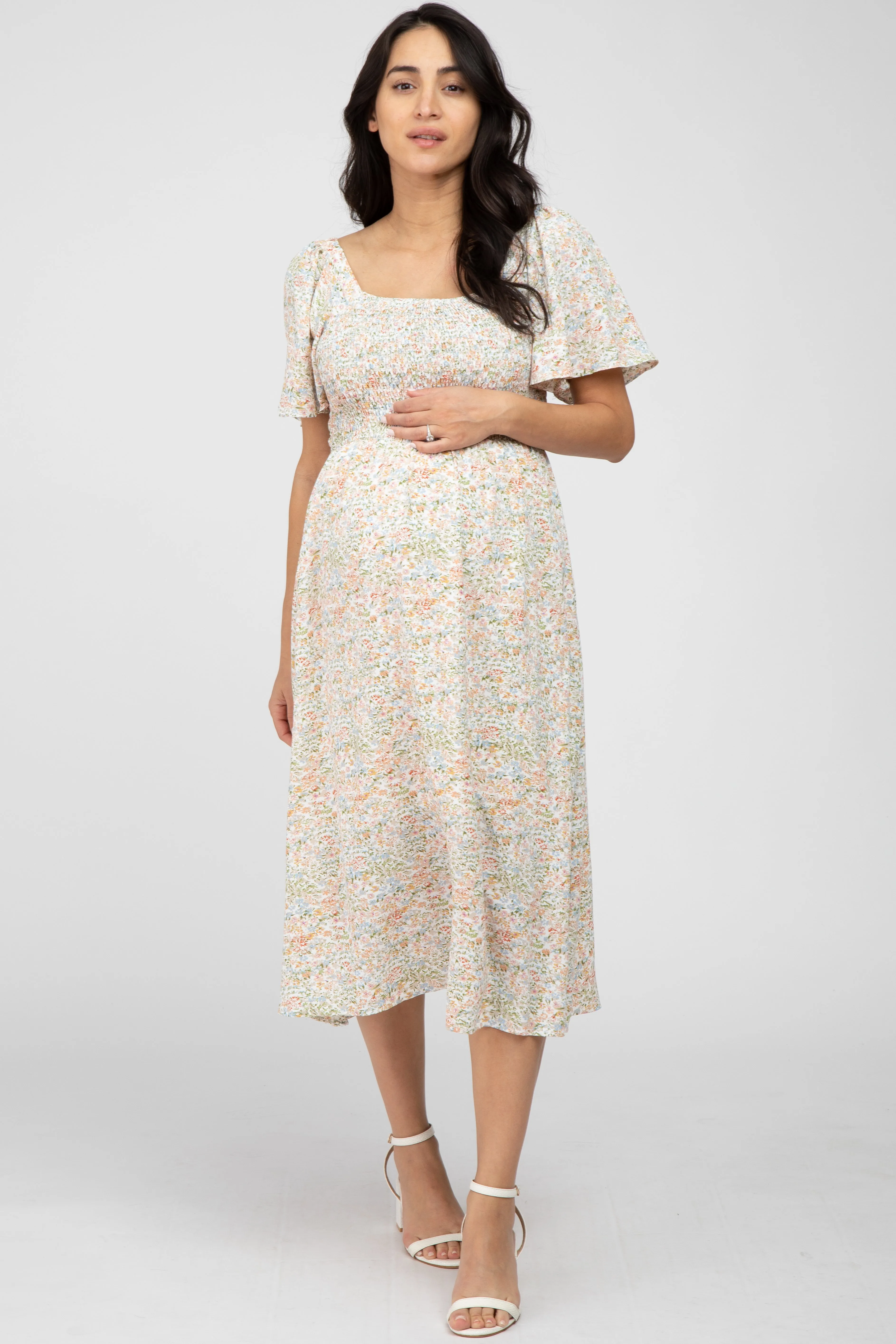 Cream Floral Smocked Square Neck Maternity Midi Dress sold by Pinkblush