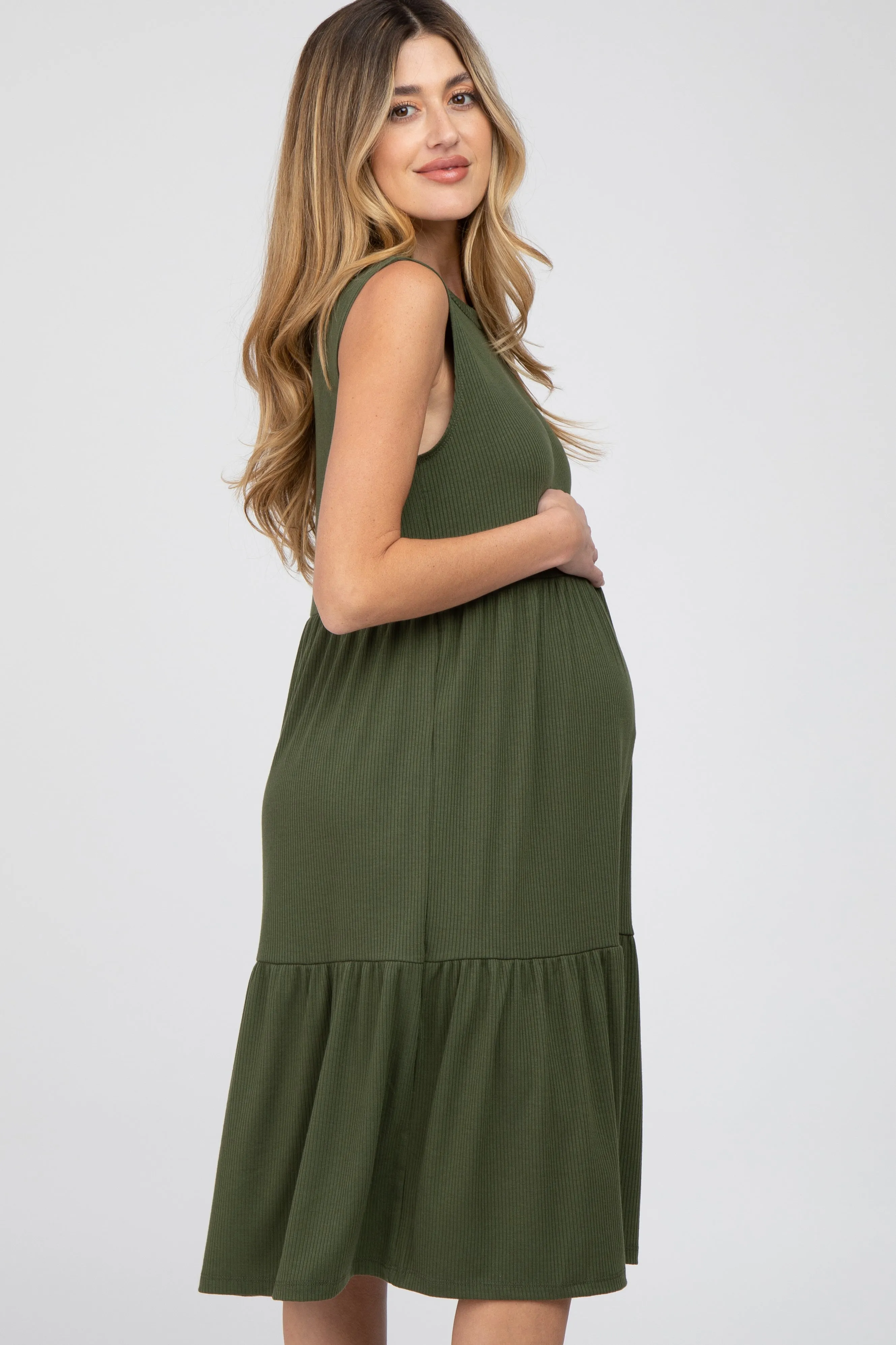 Olive Ribbed Tiered Maternity Midi Dress sold by Pinkblush product image thumbnail 3