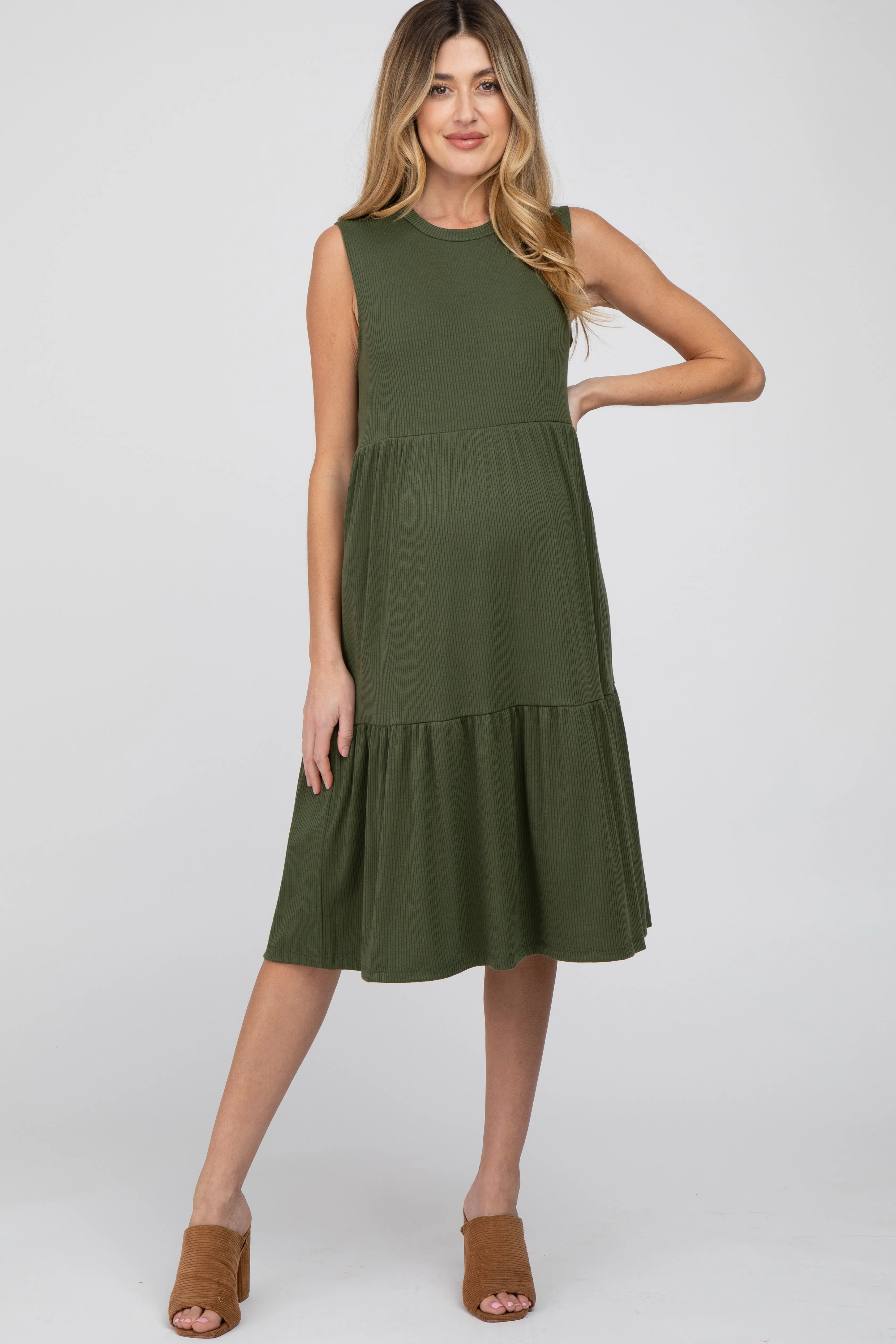 Olive Ribbed Tiered Maternity Midi Dress sold by Pinkblush