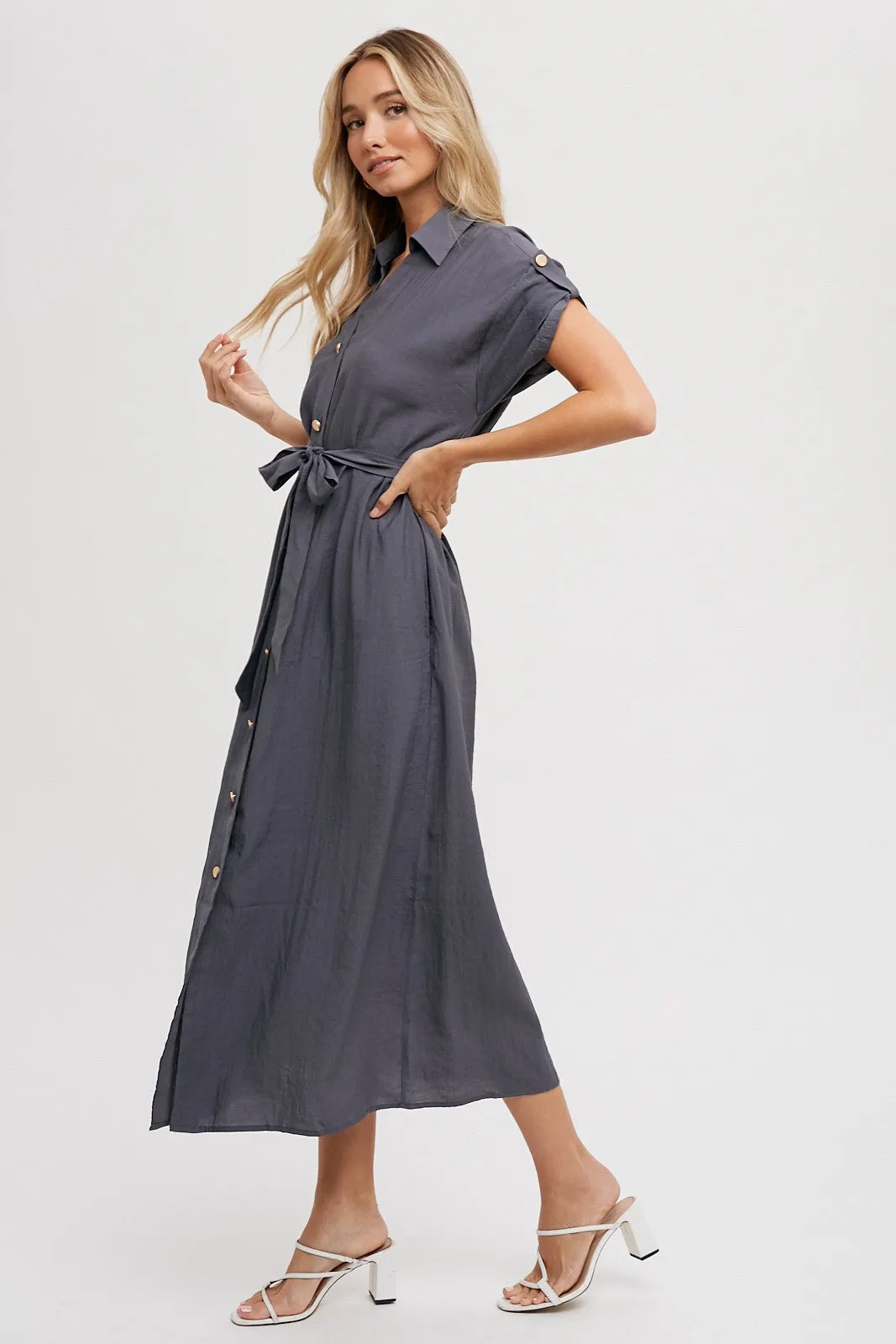Charcoal Button Front Belted Short Sleeve Midi Dress sold by Pinkblush product image thumbnail 2