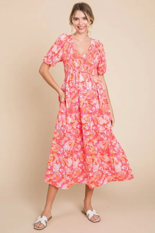 Fuchsia Floral Smocked Ruffle Short Sleeve Midi Dress sold by Pinkblush