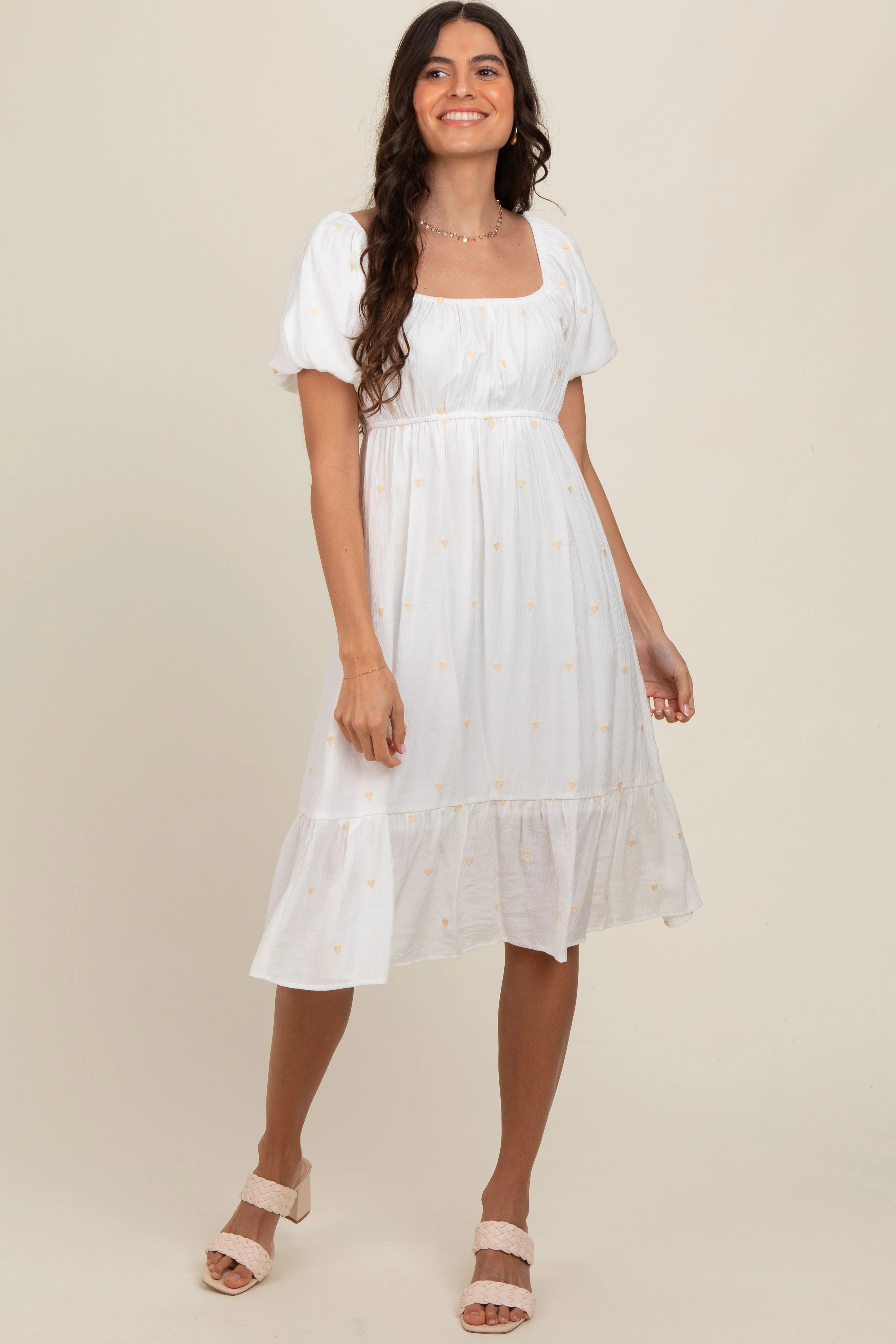 White Heart Embroidered Short Puff Sleeve Midi Dress sold by Pinkblush