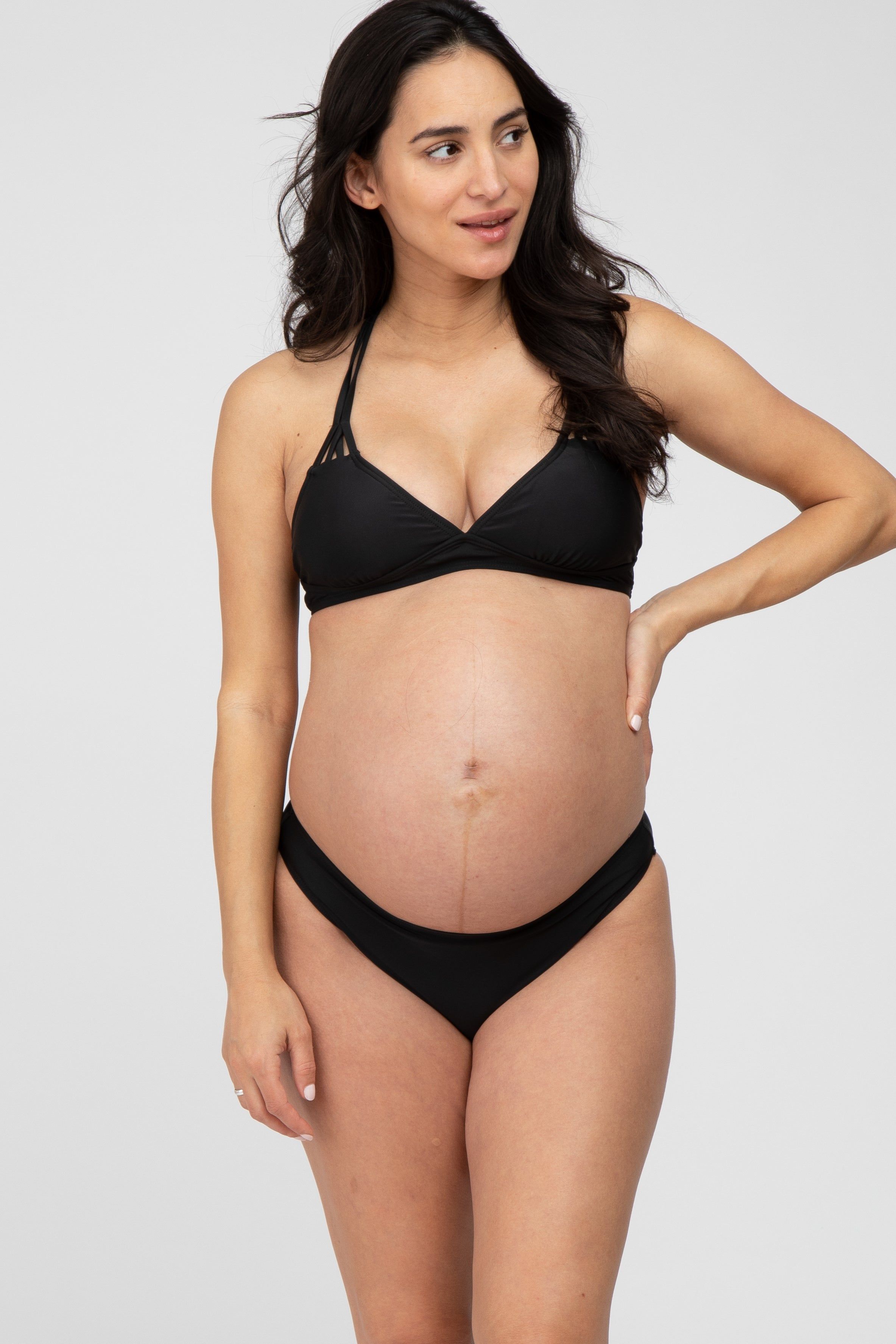 Black Strappy Two-Piece Maternity Bikini Set sold by Pinkblush