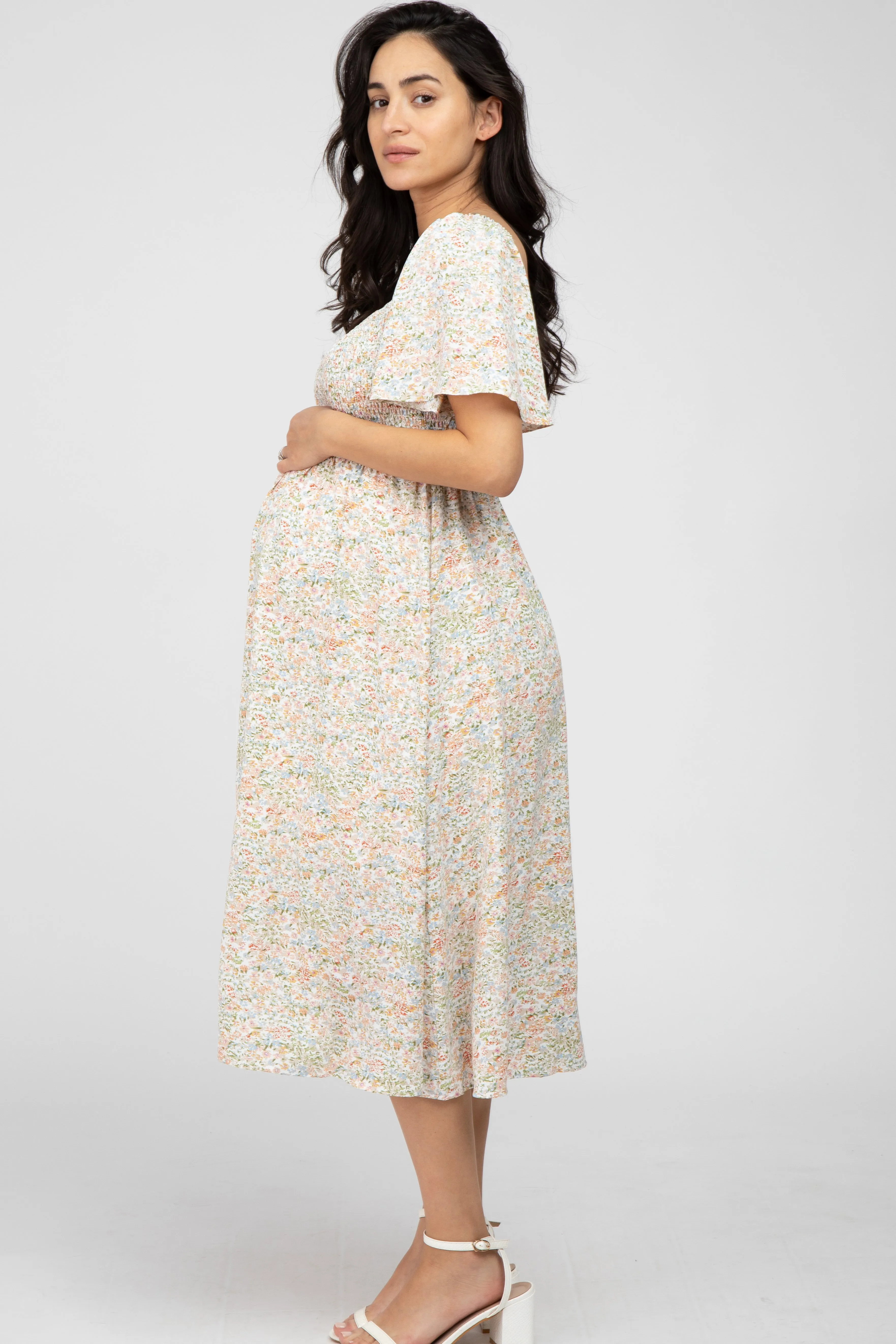 Cream Floral Smocked Square Neck Maternity Midi Dress sold by Pinkblush product image thumbnail 2