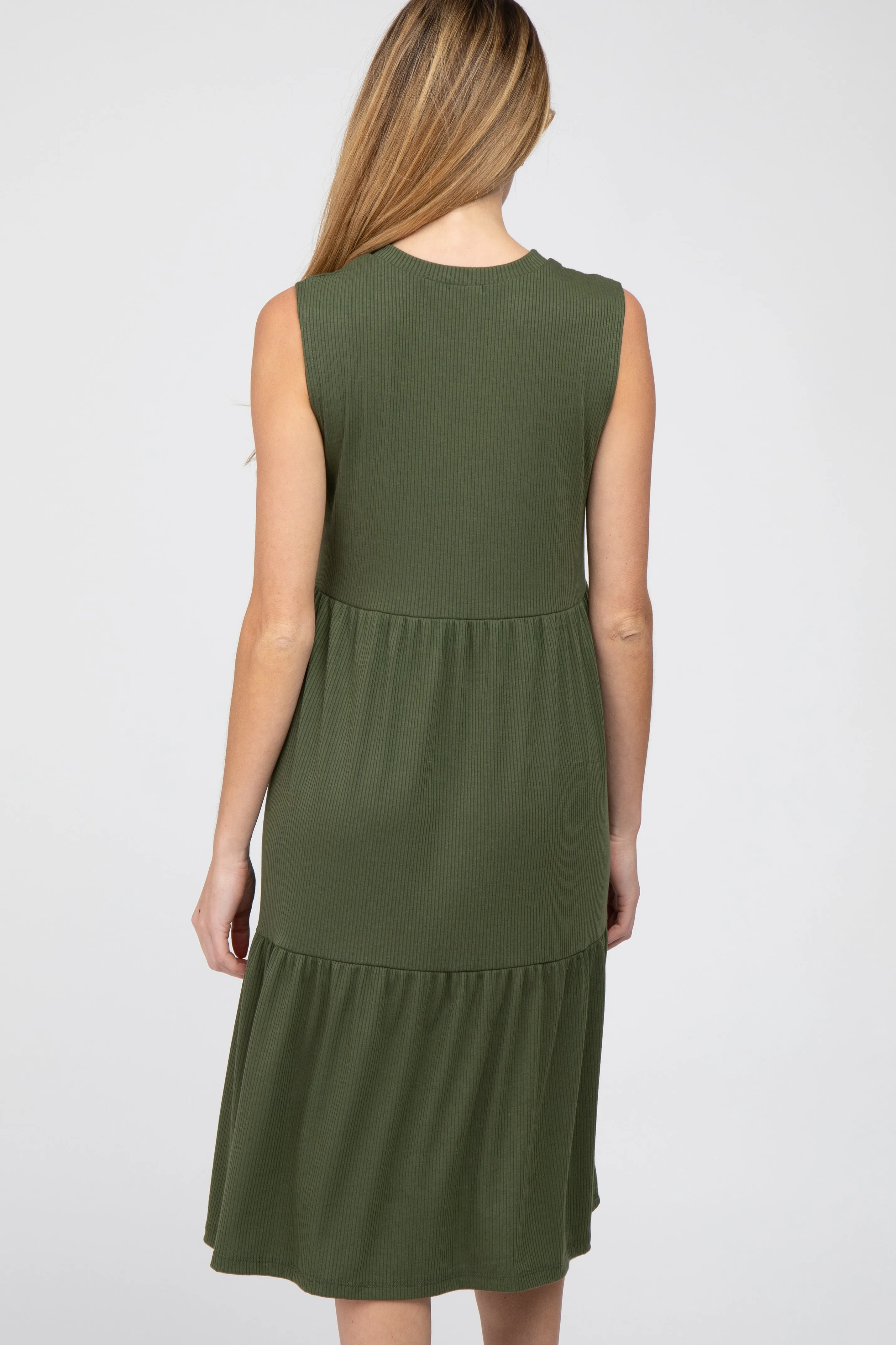 Olive Ribbed Tiered Maternity Midi Dress sold by Pinkblush product image thumbnail 4