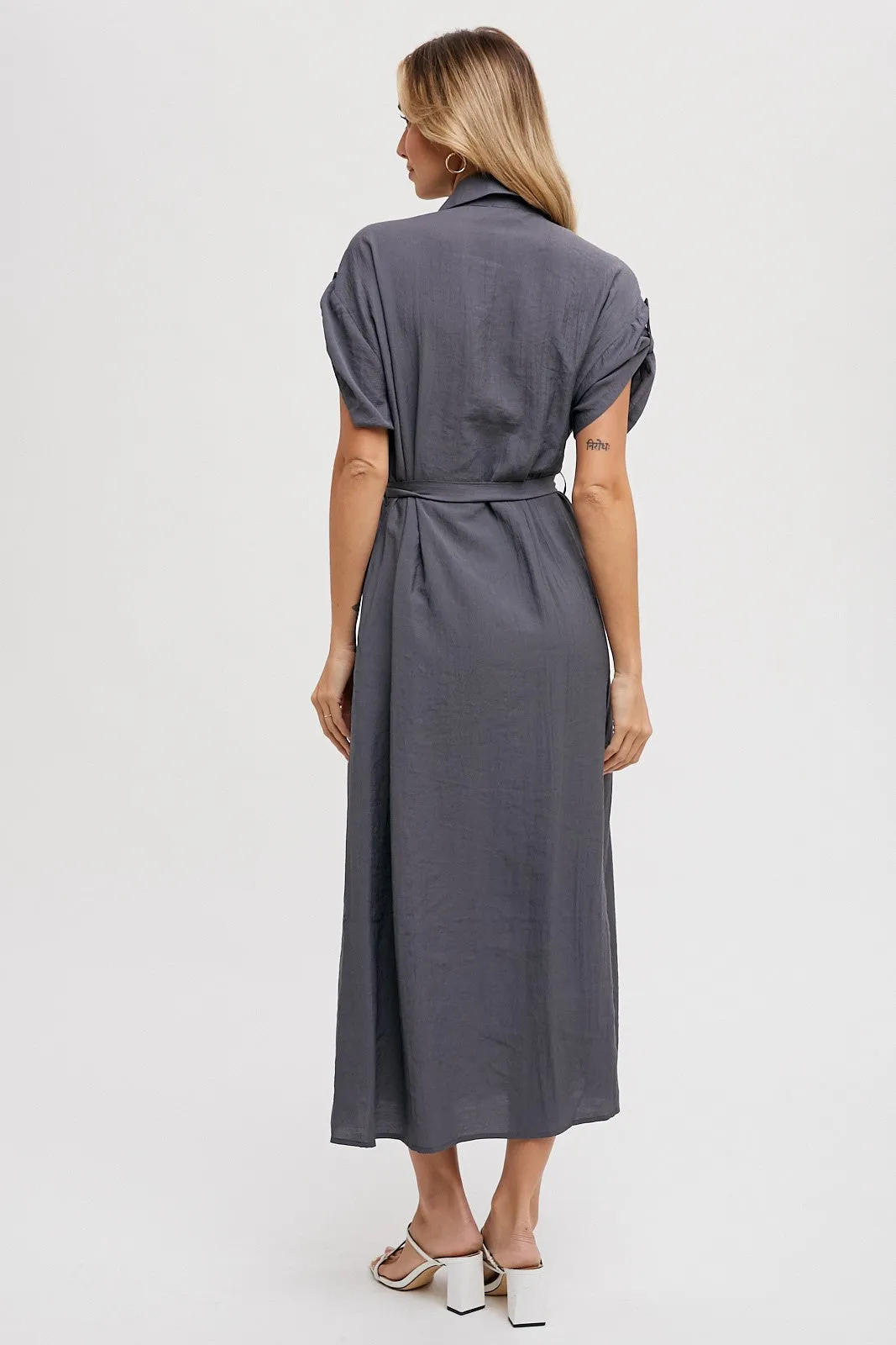Charcoal Button Front Belted Short Sleeve Midi Dress sold by Pinkblush product image thumbnail 3