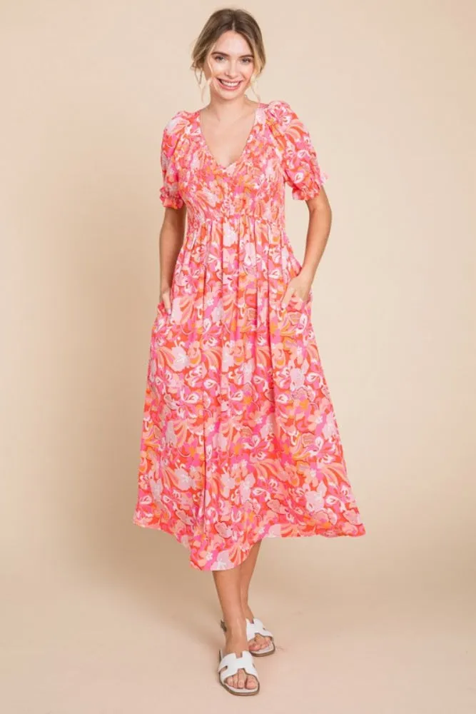 Fuchsia Floral Smocked Ruffle Short Sleeve Midi Dress sold by Pinkblush product image thumbnail 2