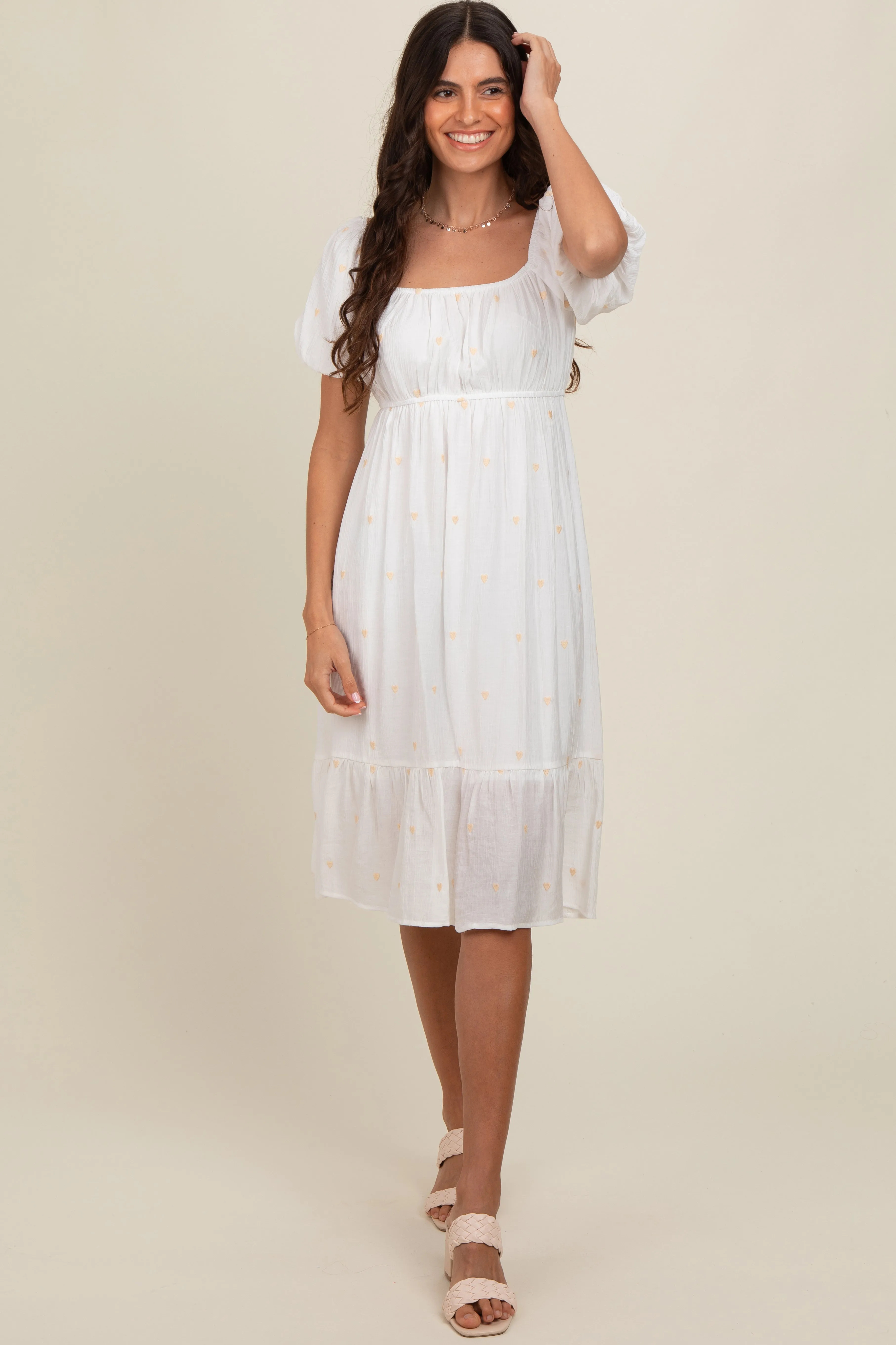 White Heart Embroidered Short Puff Sleeve Midi Dress sold by Pinkblush product image thumbnail 2