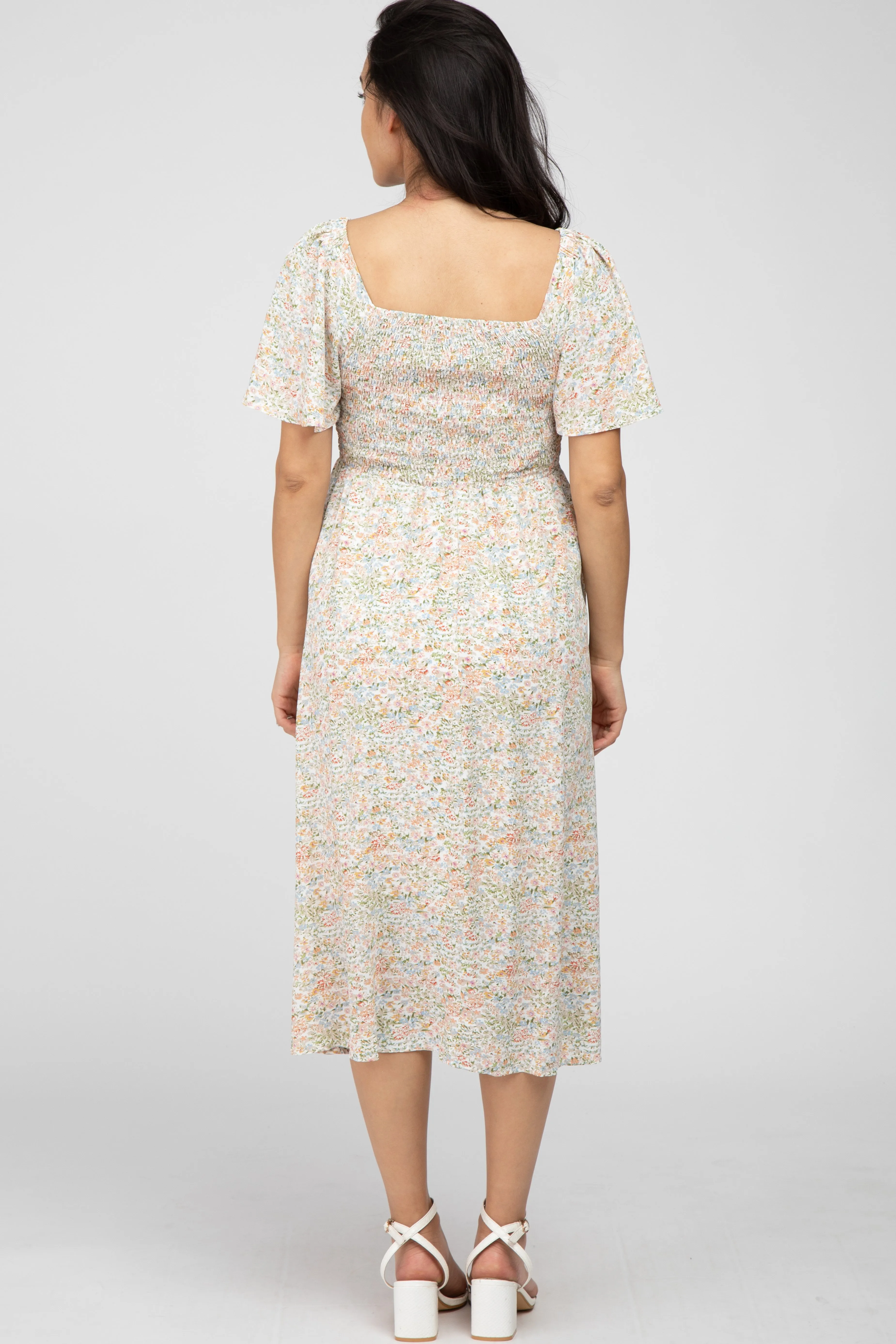 Cream Floral Smocked Square Neck Maternity Midi Dress sold by Pinkblush product image thumbnail 3